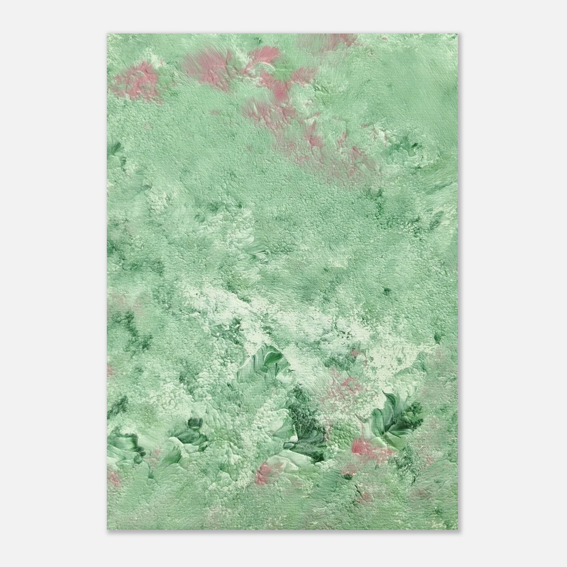 green abstract colorful with happy colors art poster based on an original acrylic one of a kind painting for home decor on wall hanging vertically on a grey wall