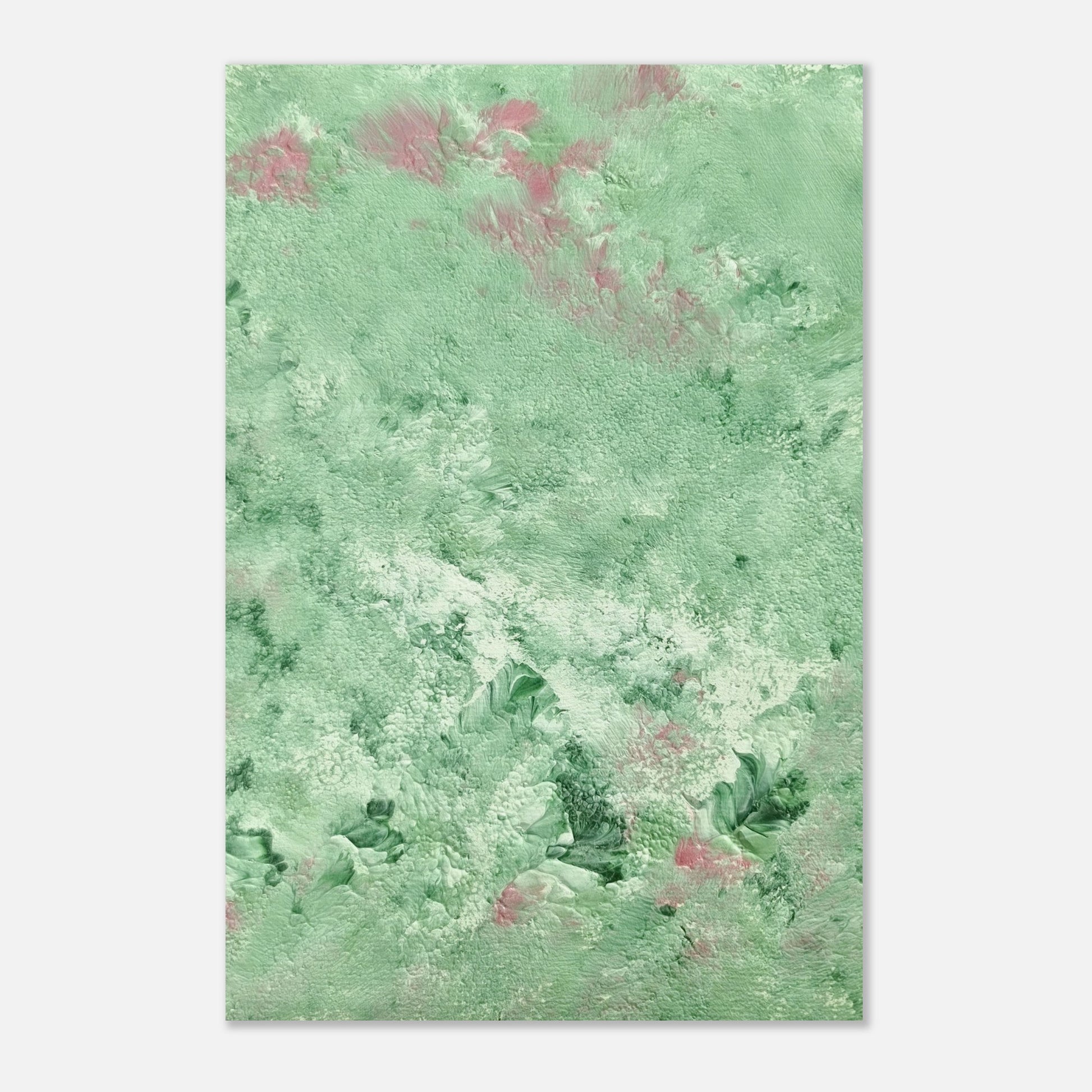 green abstract colorful with happy colors art poster based on an original acrylic one of a kind painting for home decor on wall hanging vertically on a grey wall