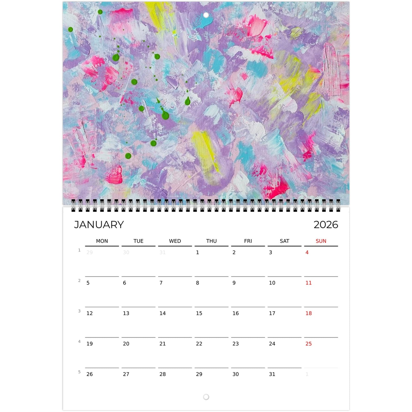 close up of horizontal purple, pastel and colorful abstract art wall calendar 2026 hanging on a white wall.