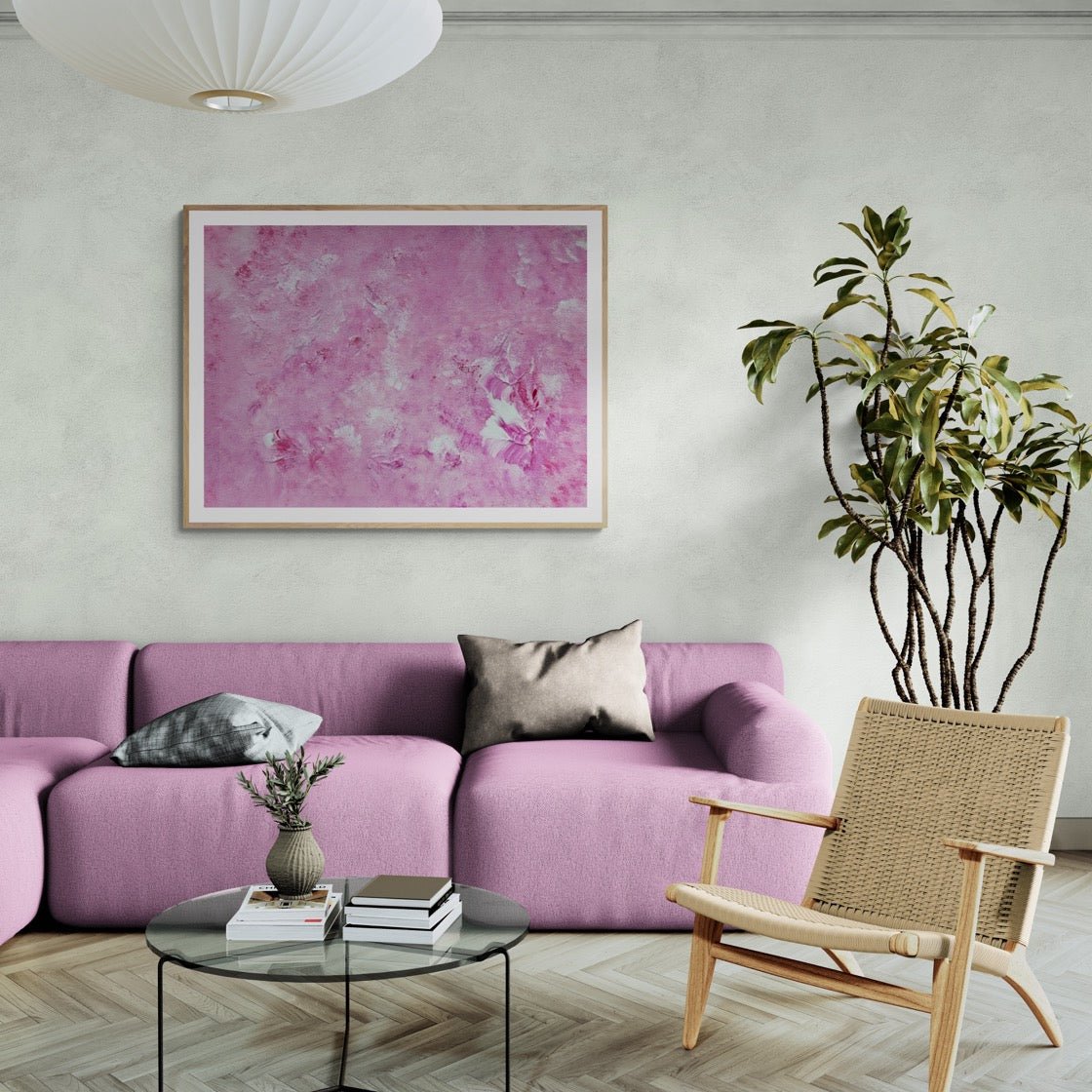 Bright red and white one-of-a-kind original acrylic feel-good Scandinavian art painted by Jeanette Haga hanging in a modern and warm living room