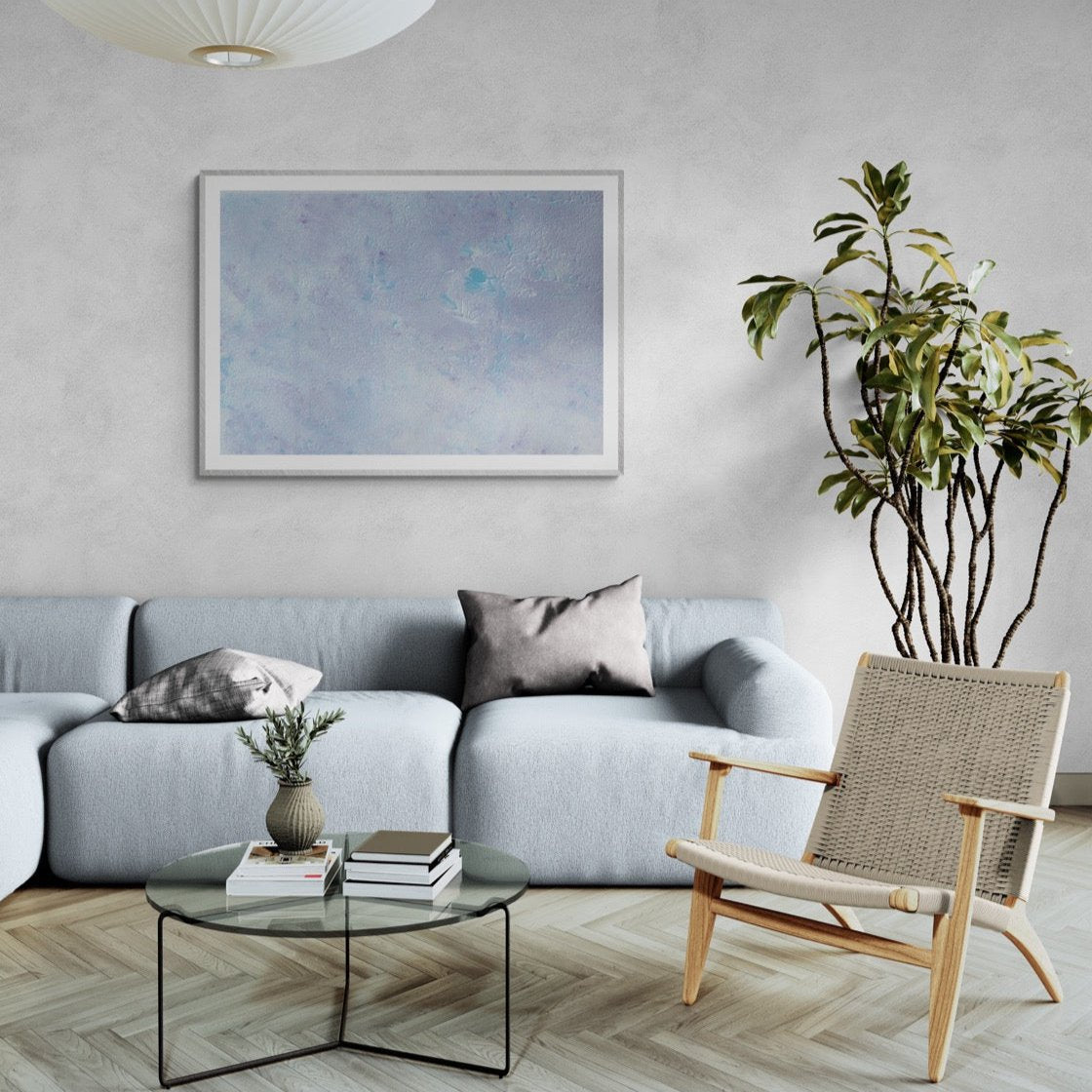 Pastel blue, Feel good one-of-a-kind colorful abstract art poster created from an original painting by up-and-coming scandinavian artist Jeanette Haga as decor in a modern home