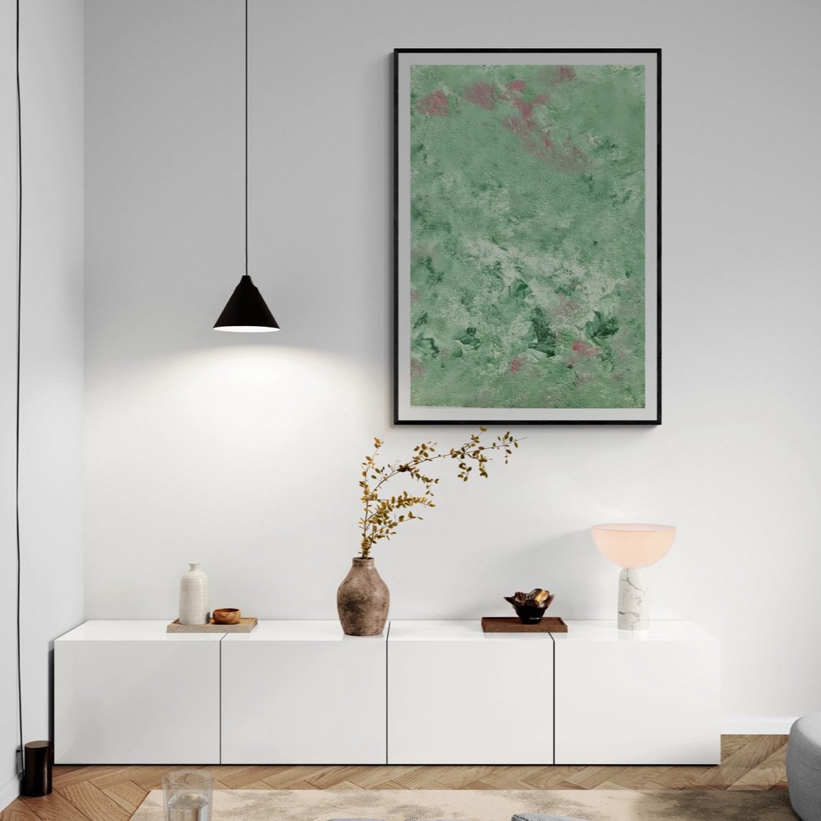 green and pink, Feel good one of one-of-a-kind colorful original abstract art created by up-and-coming scandinavian artist Jeanette Haga as decor in a modern home