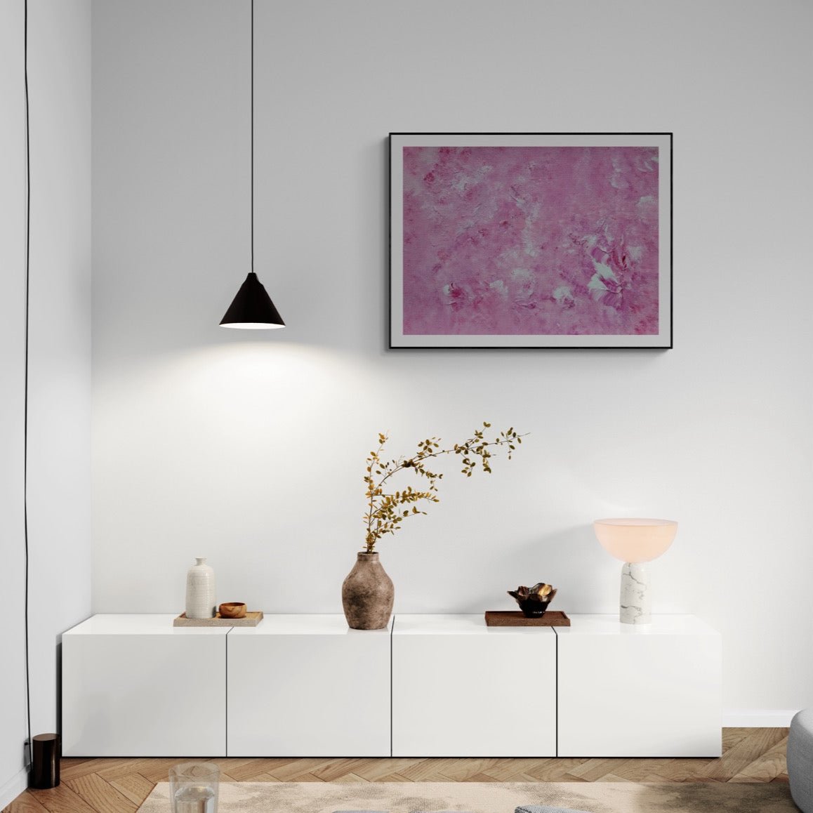 Bright red and white one-of-a-kind original acrylic feel-good Scandinavian art painted by Jeanette Haga hanging in a modern minimalistic living room