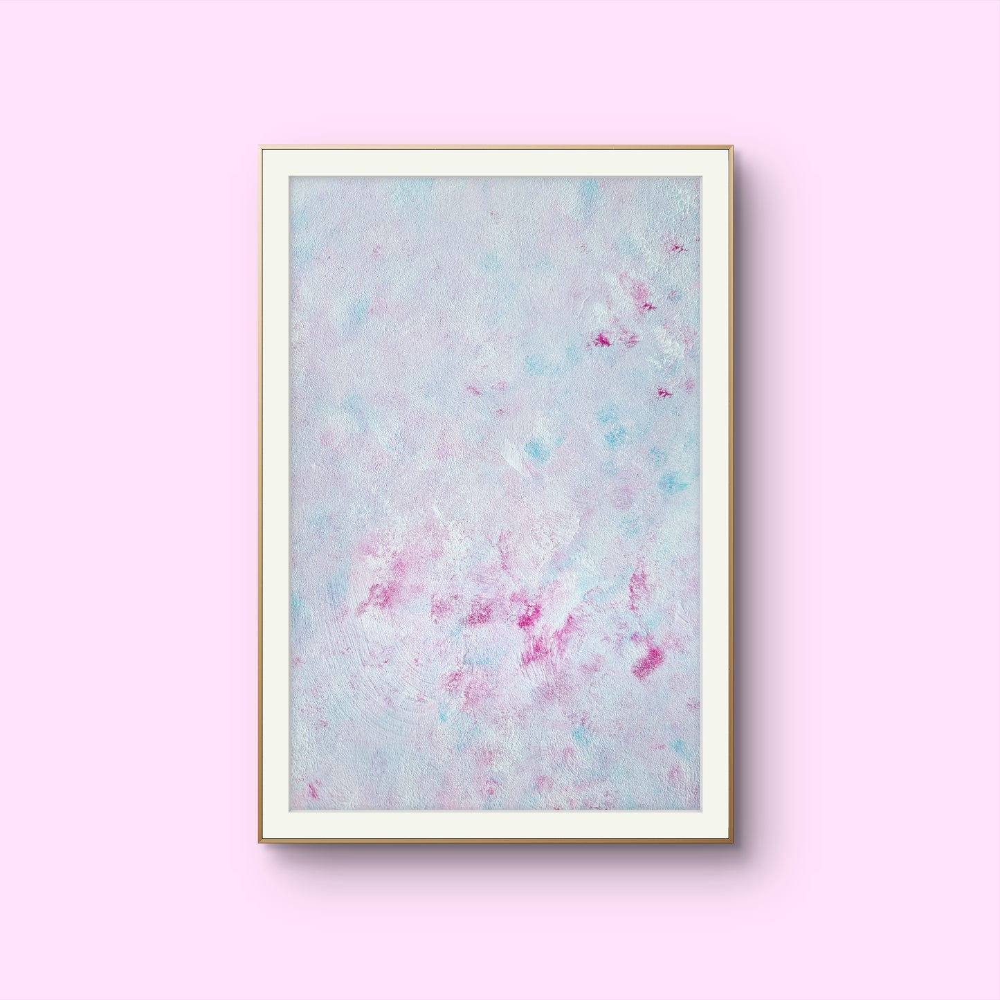Pastel blue, Feel good one-of-a-kind colorful abstract art poster created from an original painting by up-and-coming scandinavian artist Jeanette Haga as decor hanging vertically on a white wall