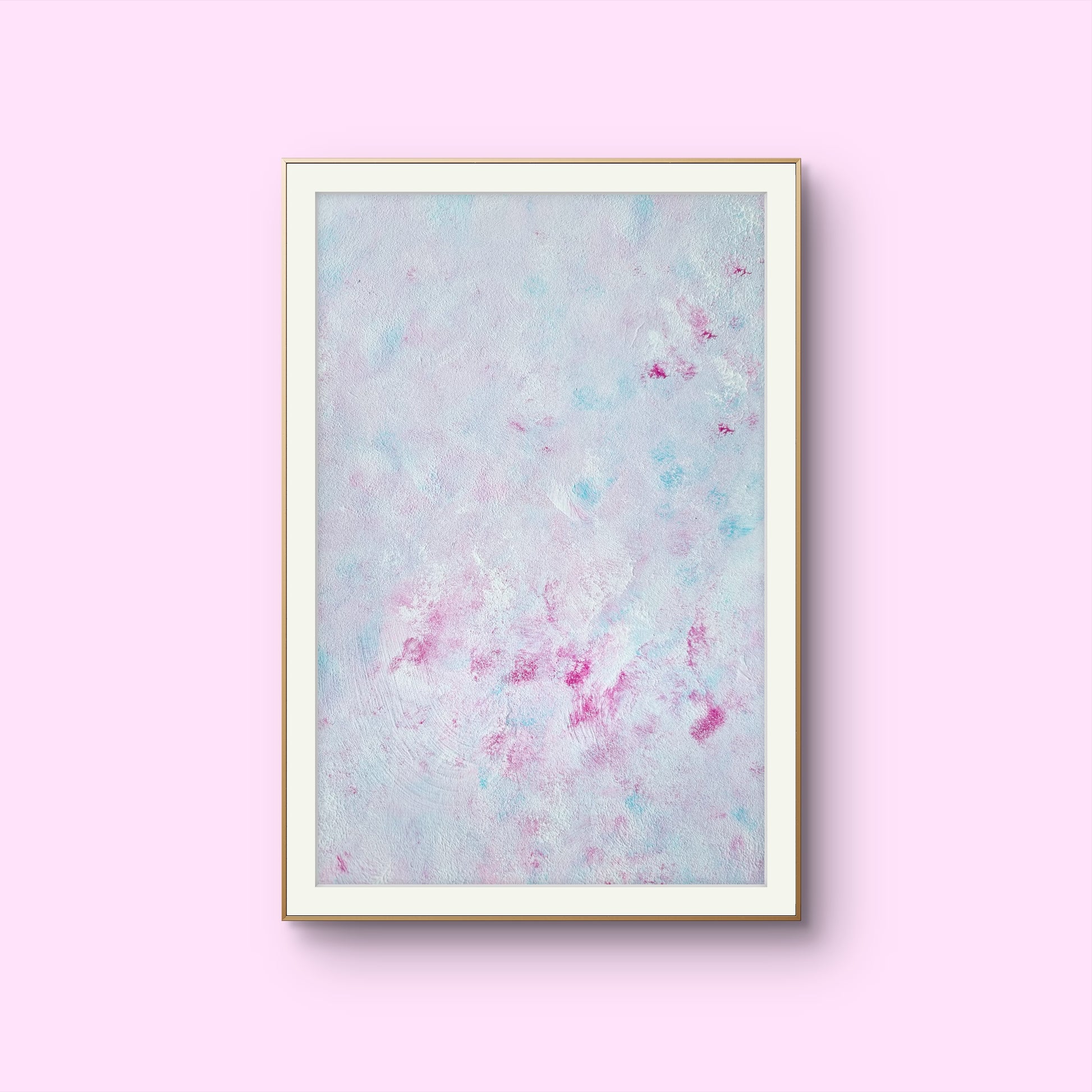 Pastel blue, Feel good one-of-a-kind colorful abstract art poster created from an original painting by up-and-coming scandinavian artist Jeanette Haga as decor hanging vertically on a white wall