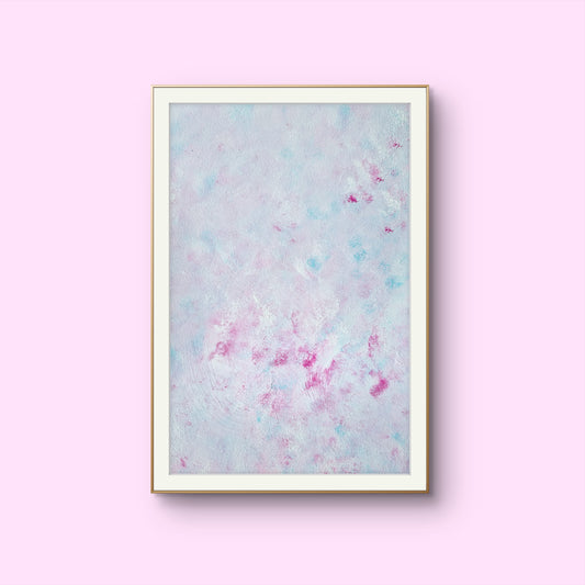 Pastel blue, Feel good one-of-a-kind colorful abstract art poster created from an original painting by up-and-coming scandinavian artist Jeanette Haga as decor hanging vertically on a white wall