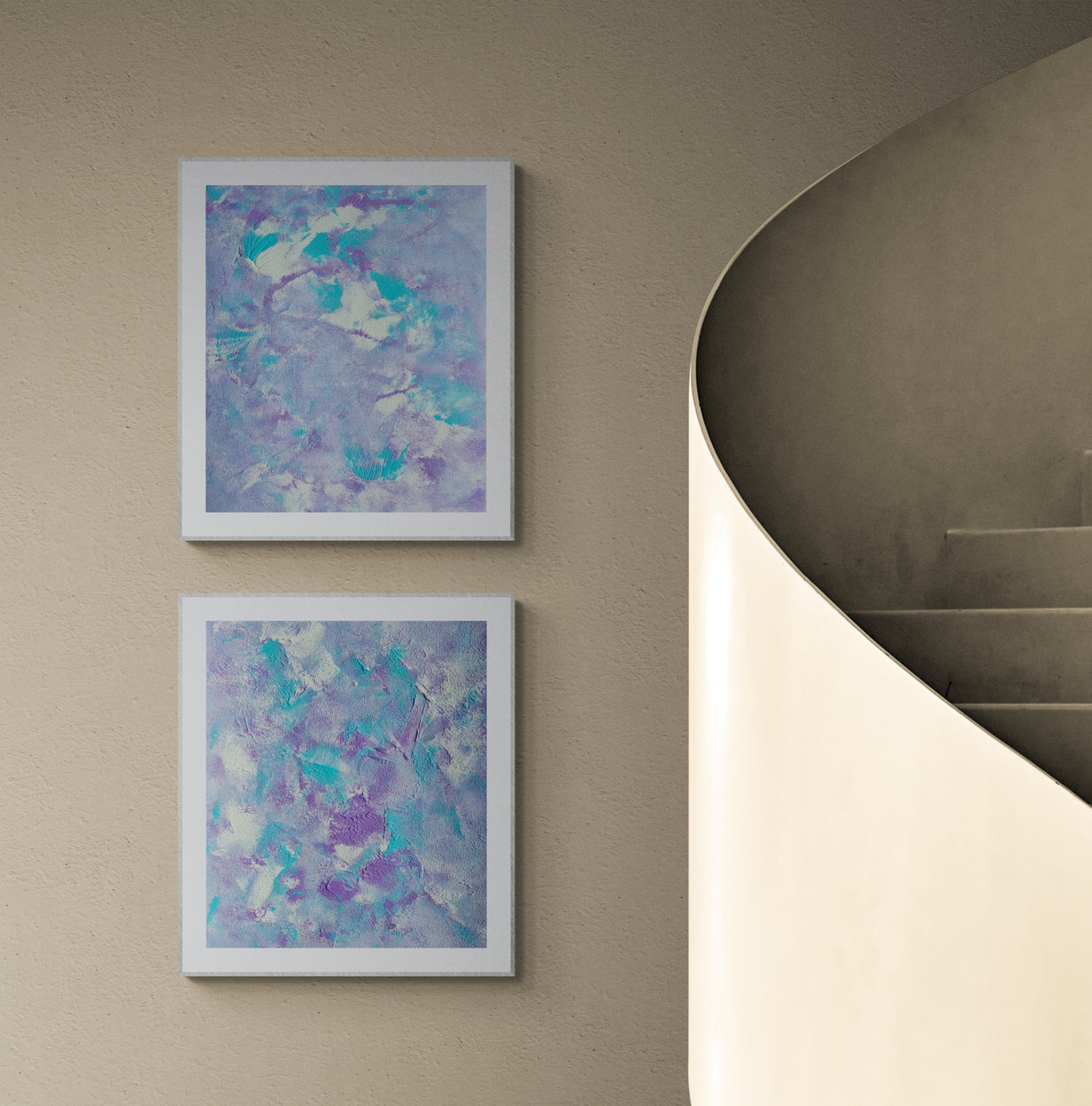 pastel blue and purple, Feel good one-of-a-kind colorful art poster and original art by up-and-coming artist Scandinavian Jeanette Haga as decor in a modern home on a beige wall