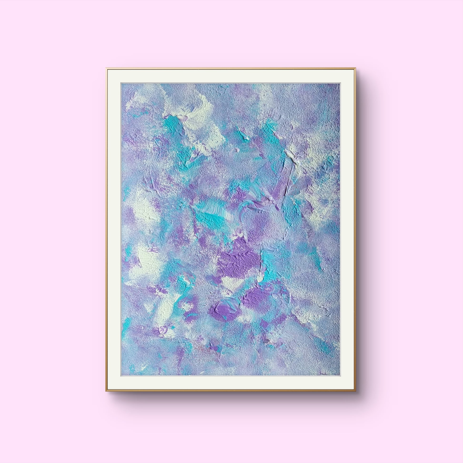 Pastel turquoise and lilac, Feel good one of one-of-a-kind colorful original abstract art created by up-and-coming artist Jeanette Haga as decor for modern home