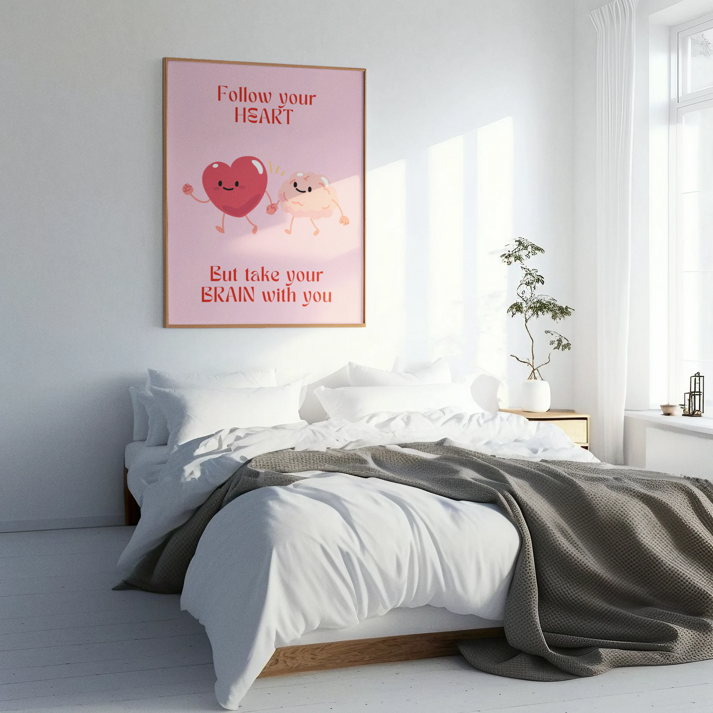 Feel good pastel pink digital art created by up and coming scandinavian artist Jeanette Haga as decor in a modern homes bedroom