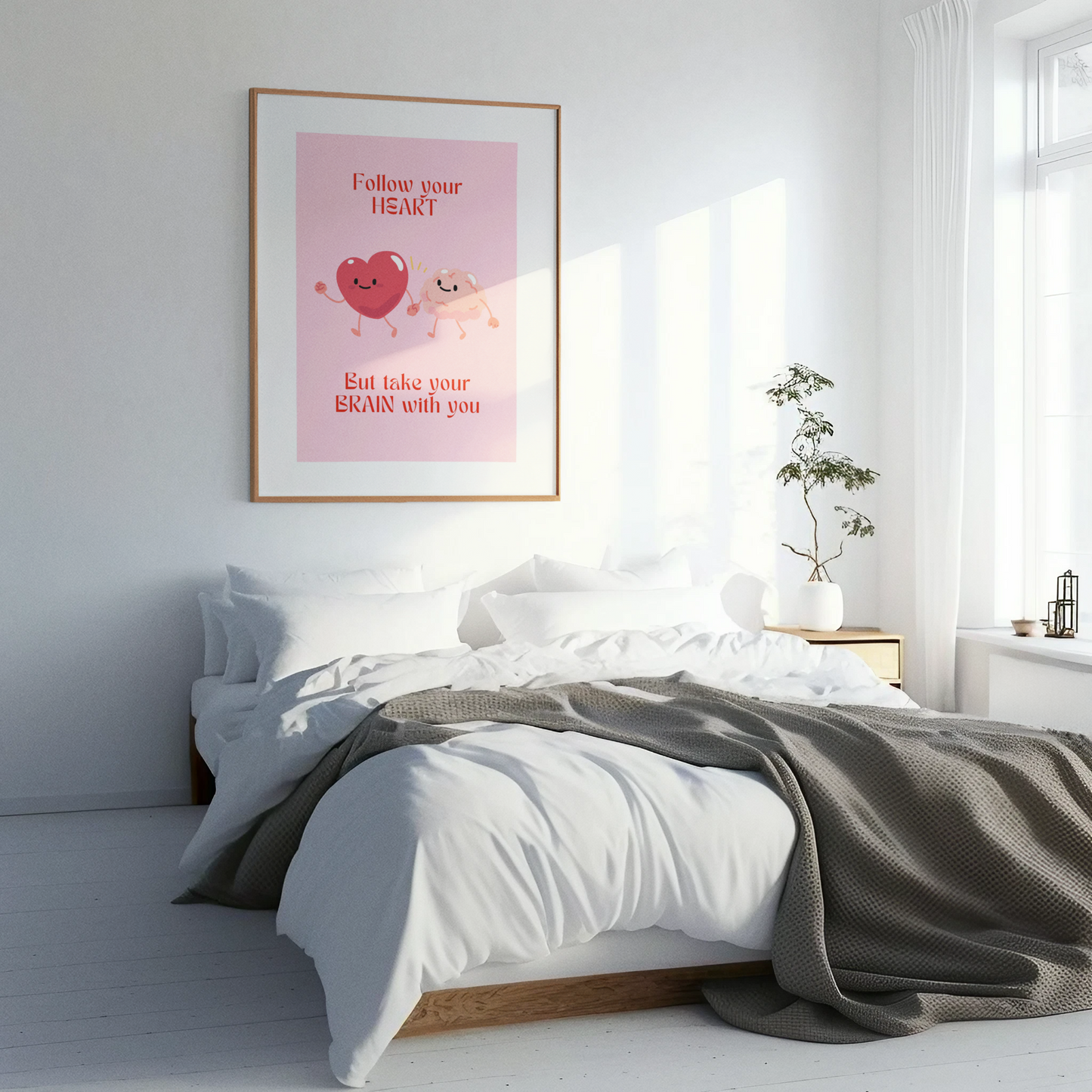 Feel good pastel pink digital art created by up and coming scandinavian artist Jeanette Haga as decor in a modern bedroom