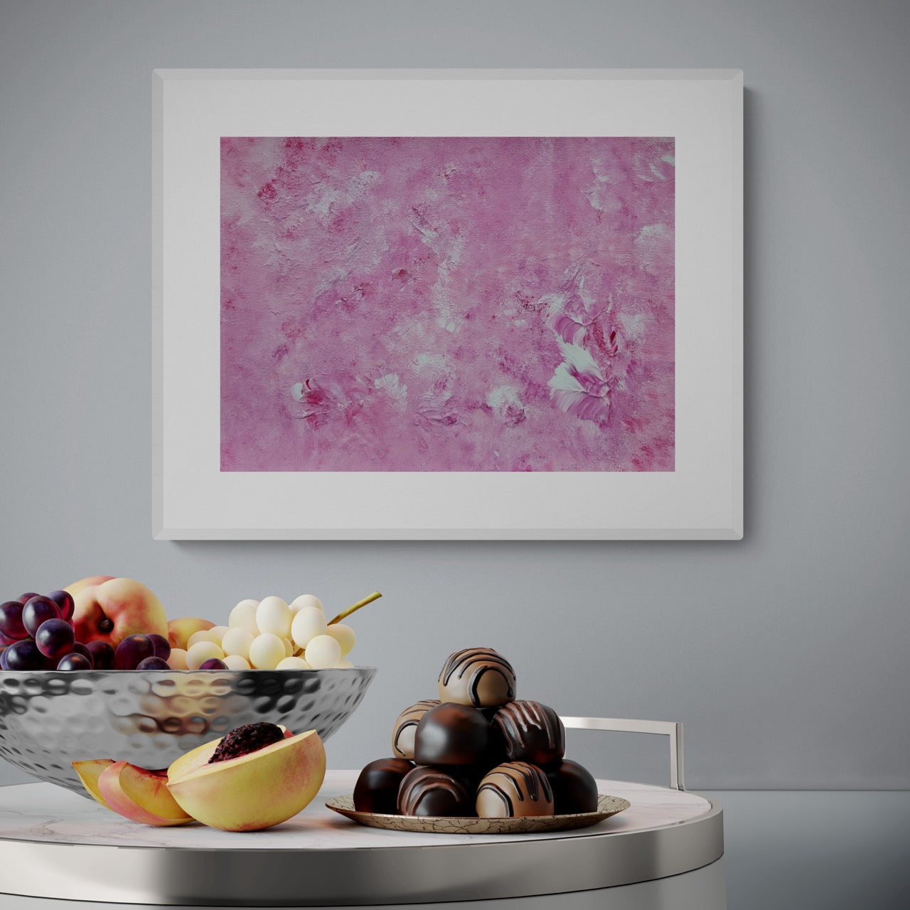Bright red and white one-of-a-kind original acrylic feel-good Scandinavian art painted by Jeanette Haga hanging in a modern and minimalistic kitchen