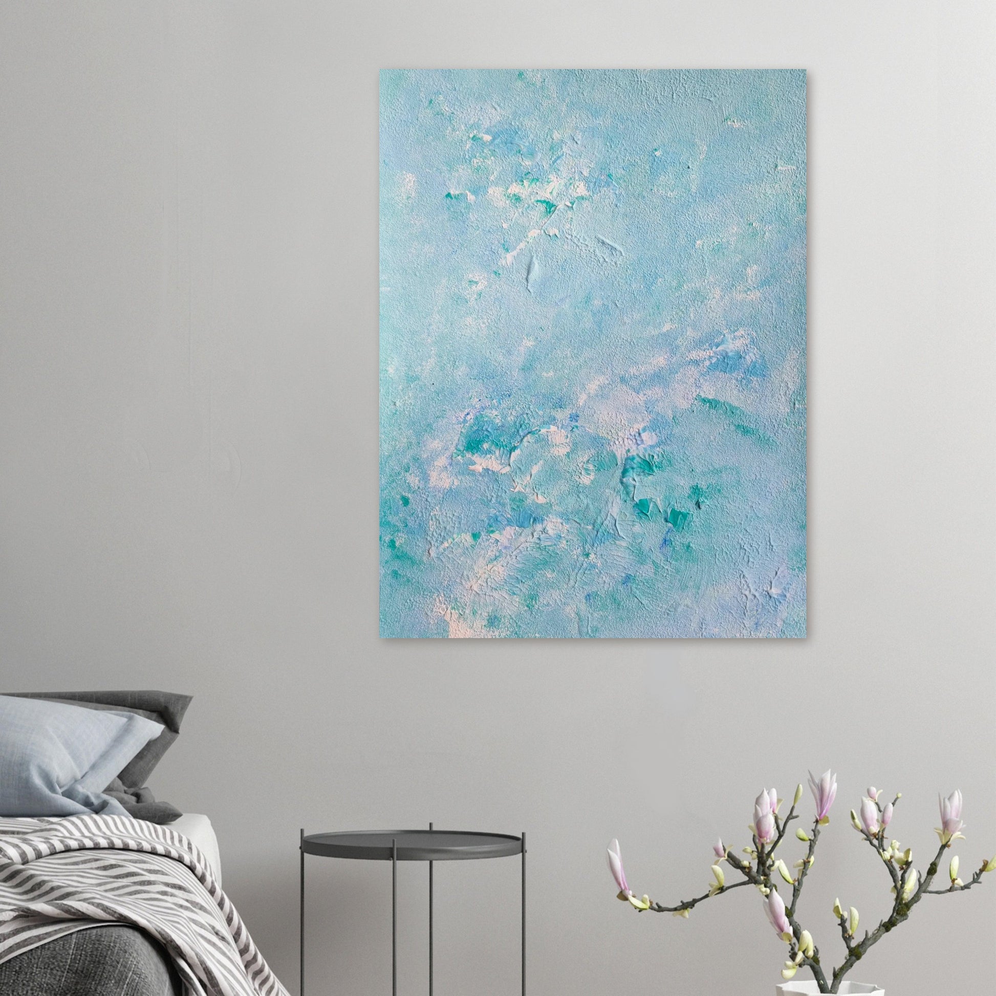 turquoise, Feel good one of one-of-a-kind colorful art poster based on original abstract art created by up-and-coming artist Scandinavian Jeanette Haga as decor in a modern bed room