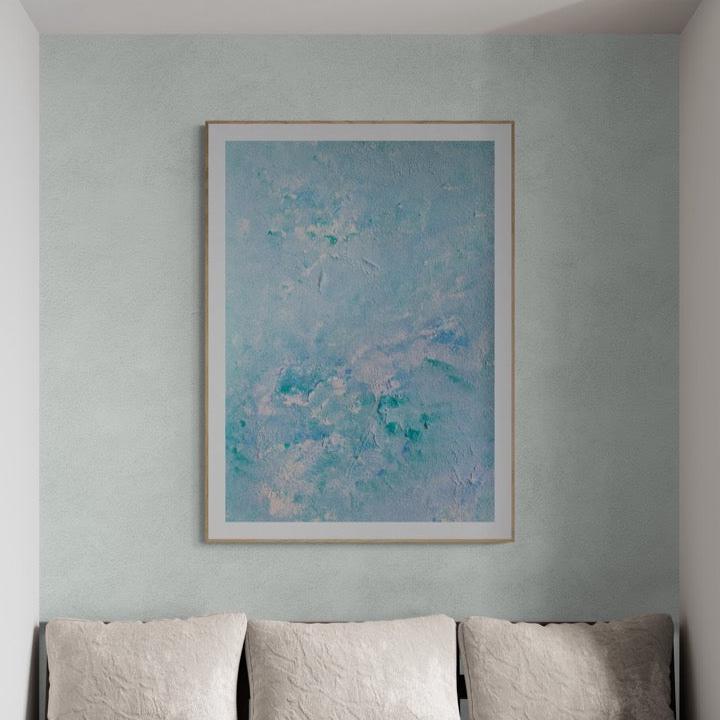 turquoise, Feel good one of one-of-a-kind colorful art poster based on original abstract art created by up-and-coming artist Scandinavian Jeanette Haga as decor in a modern living room