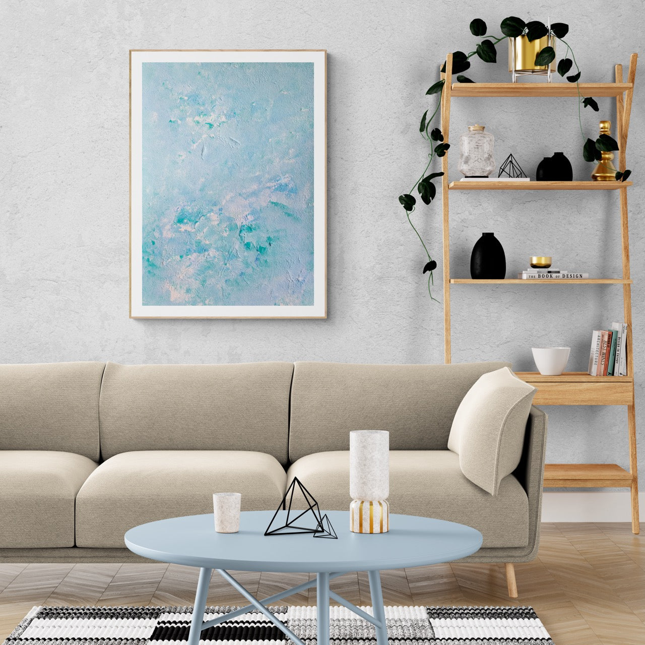 turquoise, Feel good one of one-of-a-kind colorful art poster based on original abstract art created by up-and-coming artist Scandinavian Jeanette Haga as decor in a modern minimalistic home