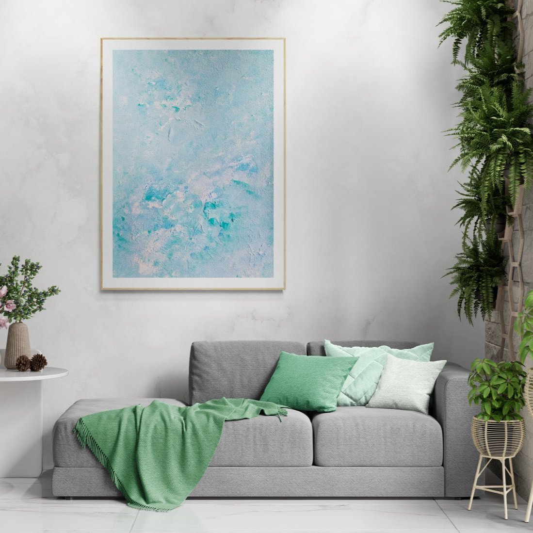turquoise, Feel good one of one-of-a-kind colorful art poster based on original abstract art created by up-and-coming artist Scandinavian Jeanette Haga as decor in a modern tropic home with green plants