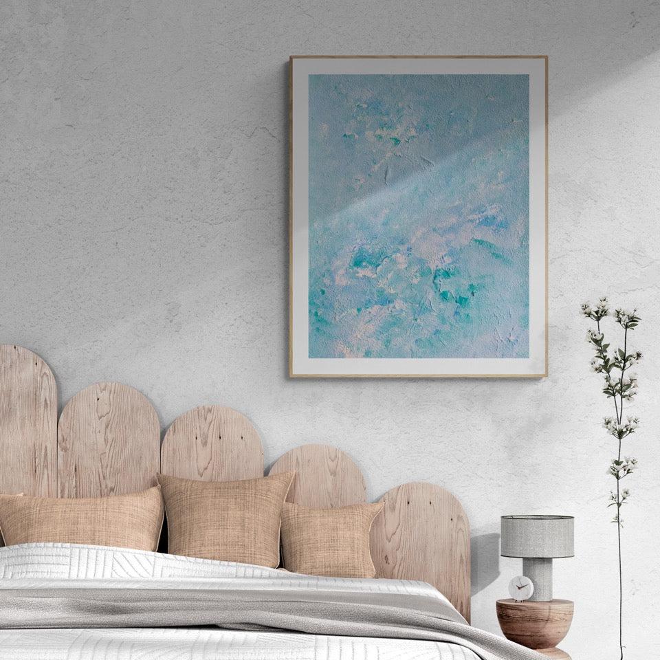 turquoise, Feel good one of one-of-a-kind colorful art poster based on original abstract art created by up-and-coming artist Scandinavian Jeanette Haga as decor in a modern organic bed room