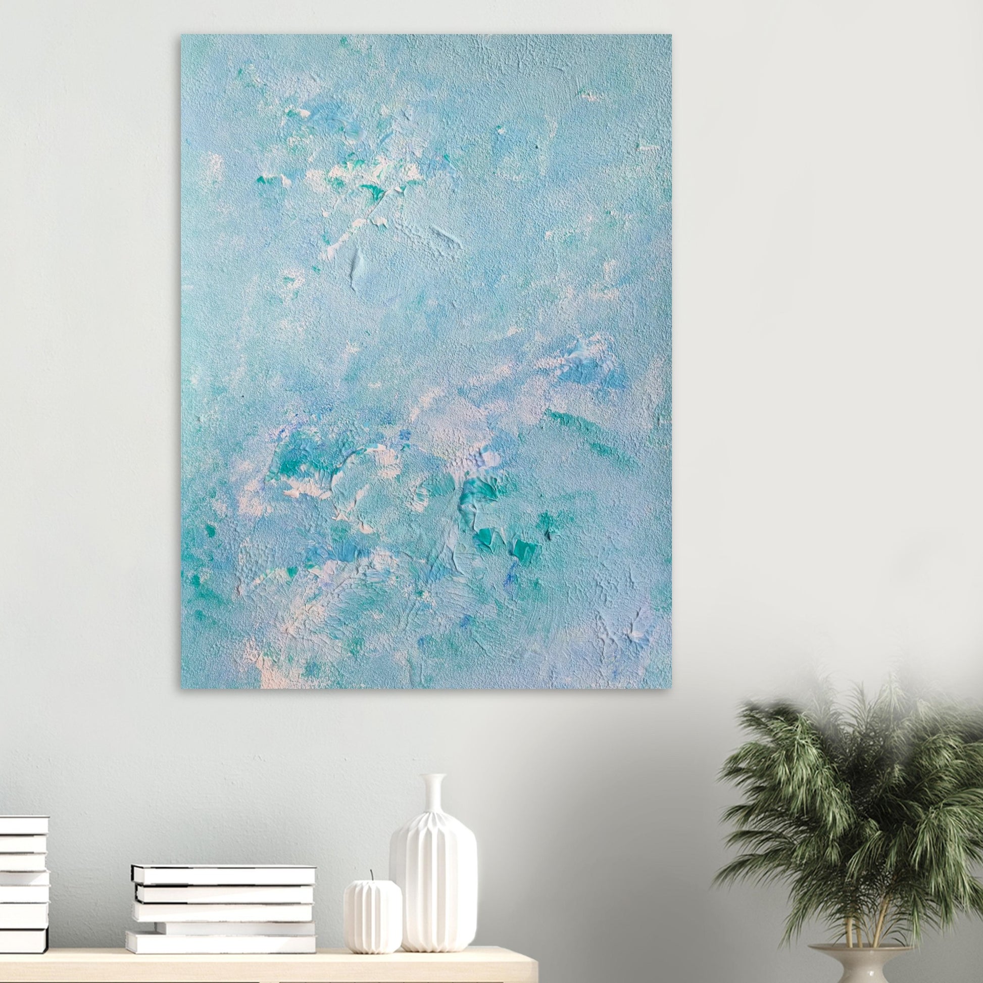 turquoise, Feel good one of one-of-a-kind colorful art poster based on original abstract art created by up-and-coming artist Scandinavian Jeanette Haga as decor in a modern home on a white wall