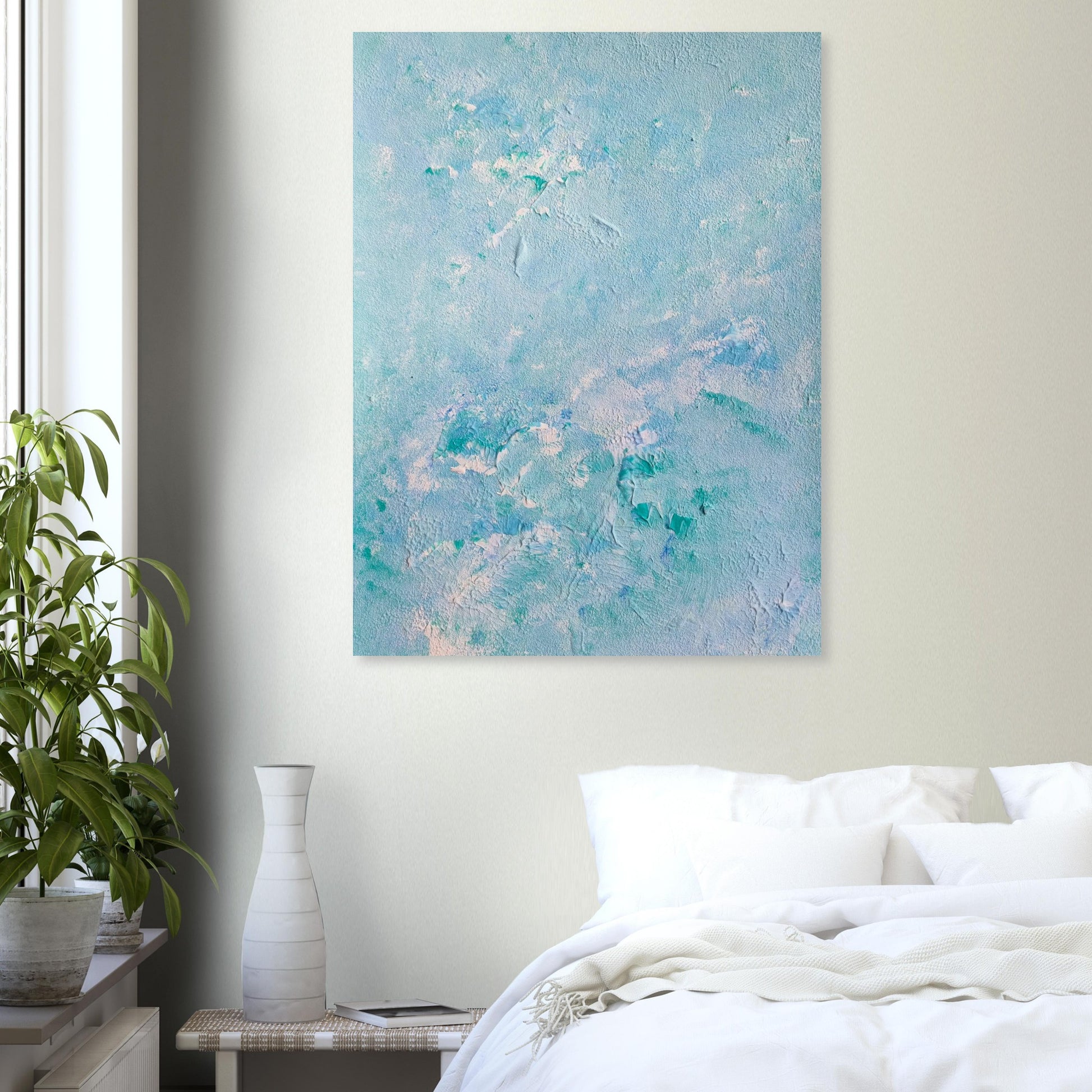turquoise, Feel good one of one-of-a-kind colorful art poster based on original abstract art created by up-and-coming artist Scandinavian Jeanette Haga as decor in a modern and bright bed room