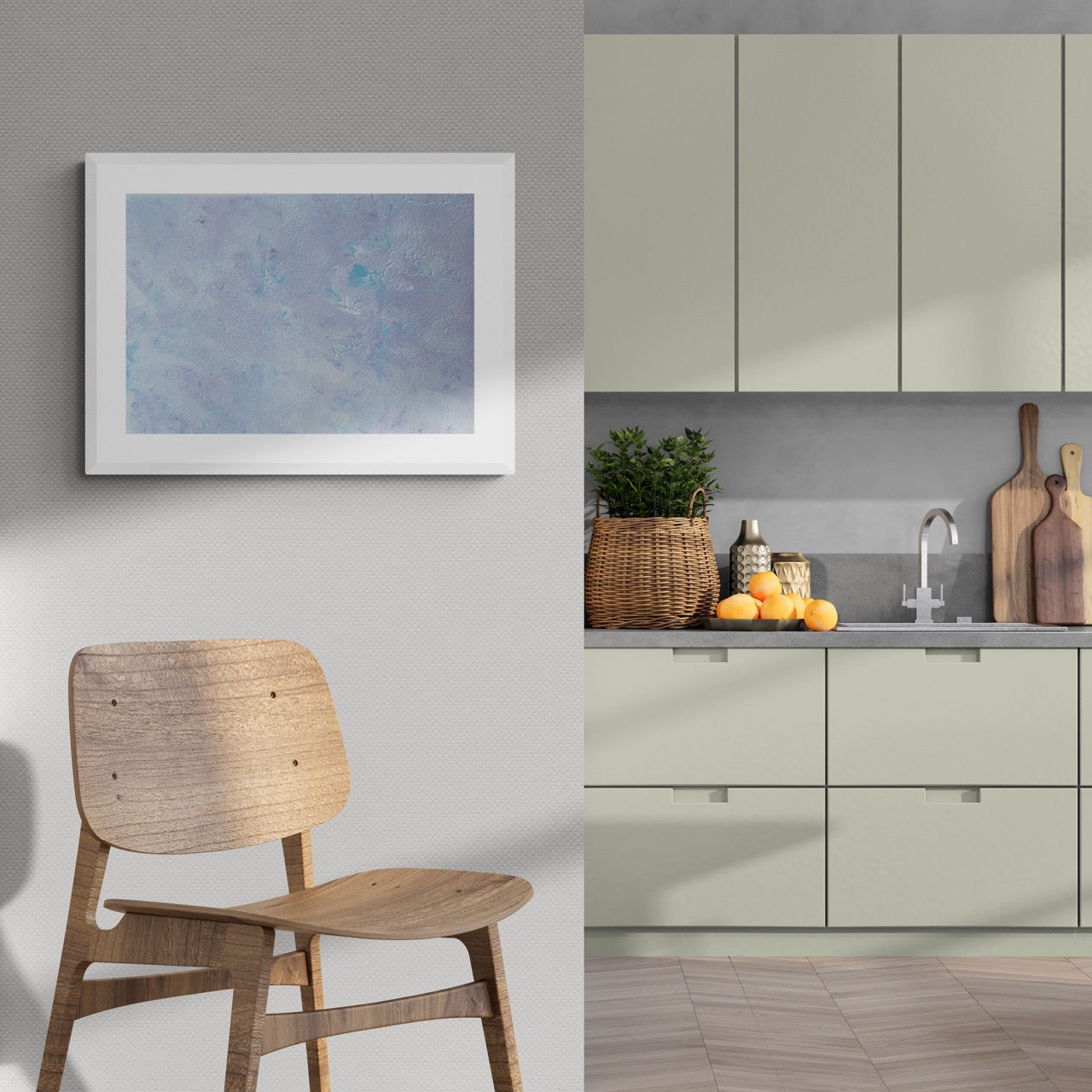 Pastel blue, Feel good one-of-a-kind colorful abstract art poster created from an original painting by up-and-coming scandinavian artist Jeanette Haga as decor in a modern home