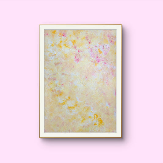 Yellow and pink Feel good one of one-of-a-kind colorful art poster based on original abstract art created by up-and-coming artist Scandinavian Jeanette Haga as decor for modern home on a pink wall
