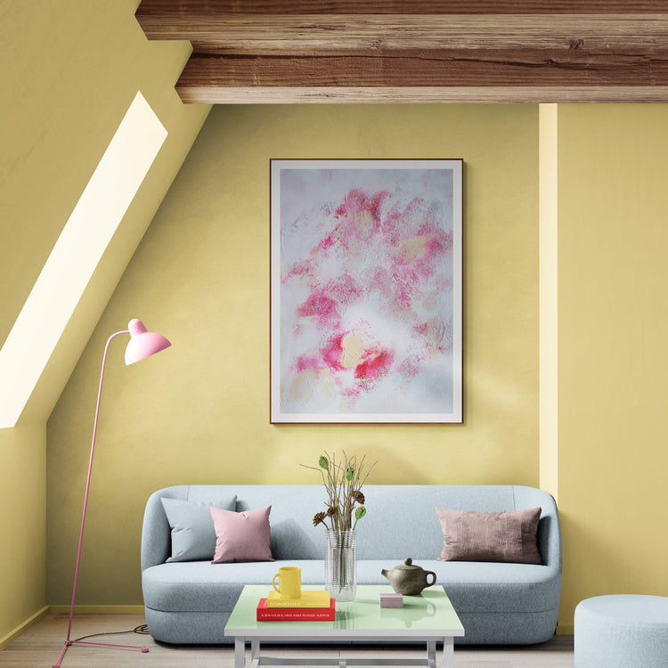 Vibrant Red, pink and white Feel good one of one-of-a-kind colorful art poster based on original abstract art created by up-and-coming artist Scandinavian Jeanette Haga as decor for modern home on a yellow wall