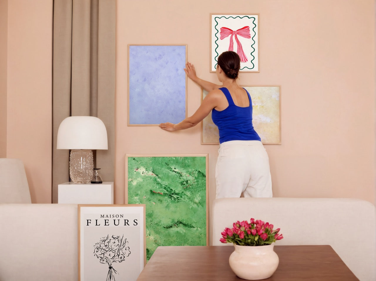 vibrant green, white and pink, Feel good one of one-of-a-kind colorful art poster based on original abstract art created by up-and-coming artist Scandinavian Jeanette Haga as decor for modern dining room on a white wall