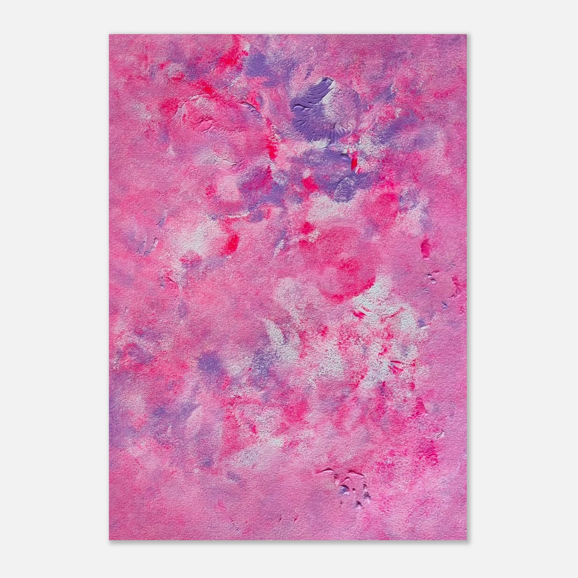 Pink, purple and white abstract art poster hanging vertically on a white background