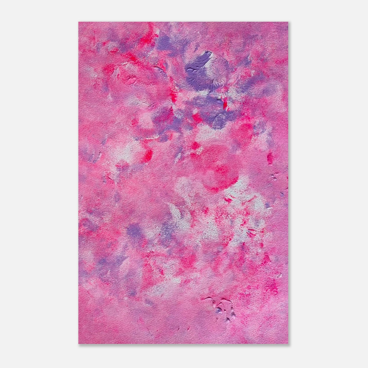 Pink, purple and white abstract art poster hanging vertically on a white background