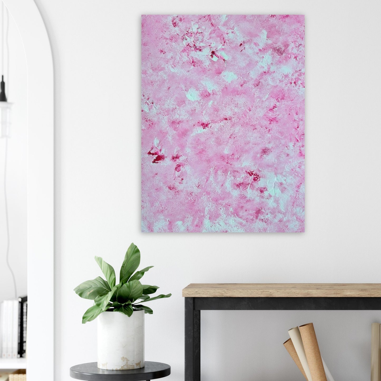 Vibrant Red and white Feel good one of one-of-a-kind colorful art poster based on original abstract art created by up-and-coming artist Scandinavian Jeanette Haga as decor in a modern hallway

