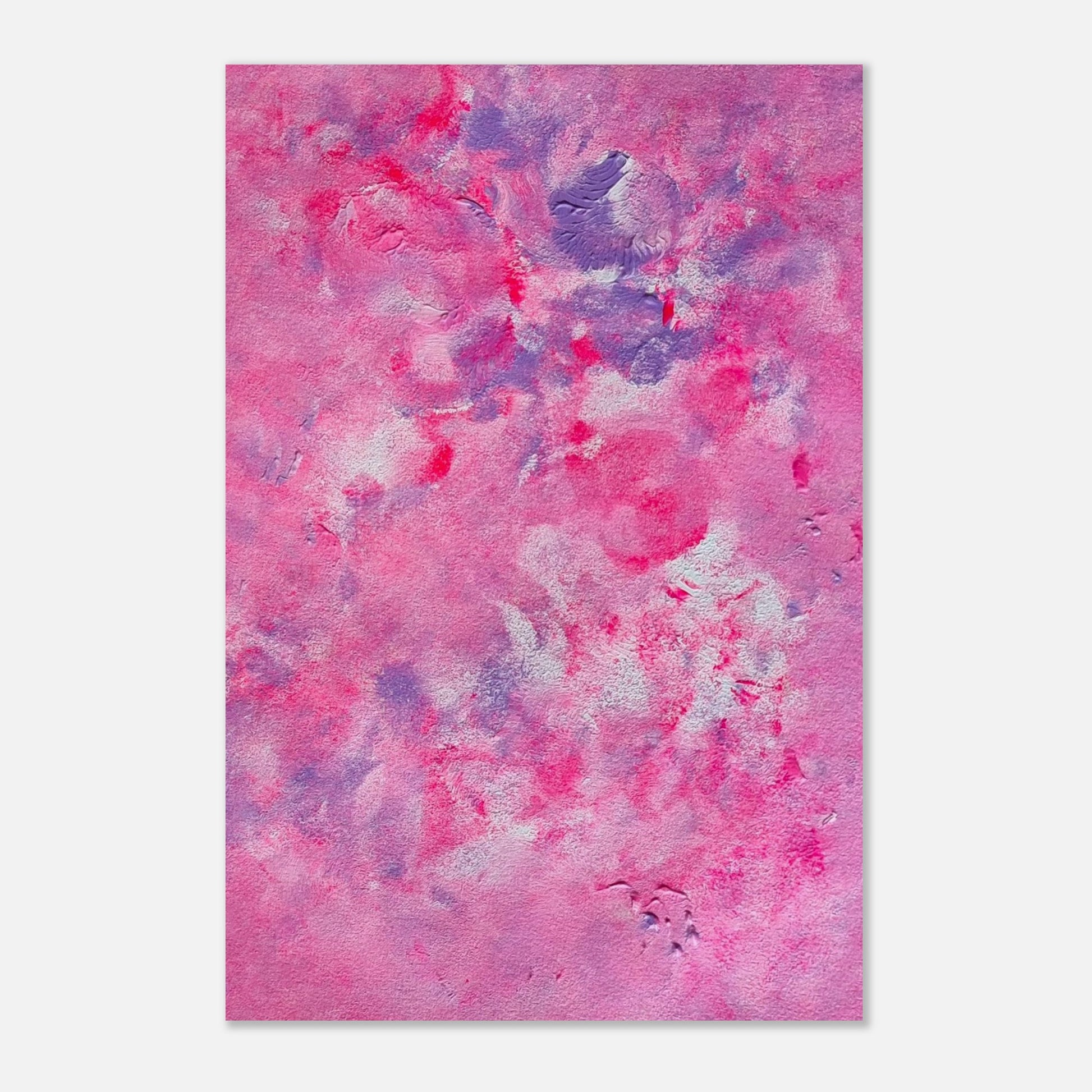 Pink, purple and white abstract art poster hanging vertically on a white background