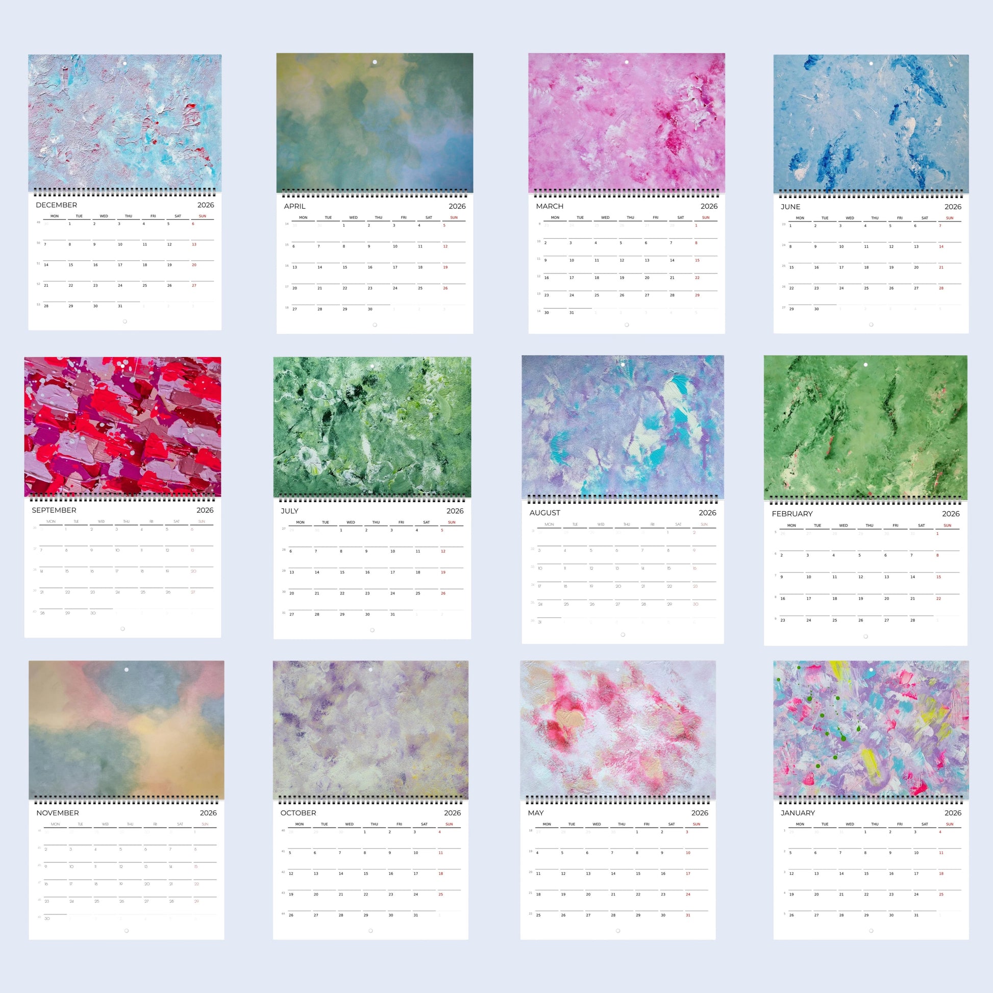 Grid of calendar pages with colorful abstract designs on a light blue background