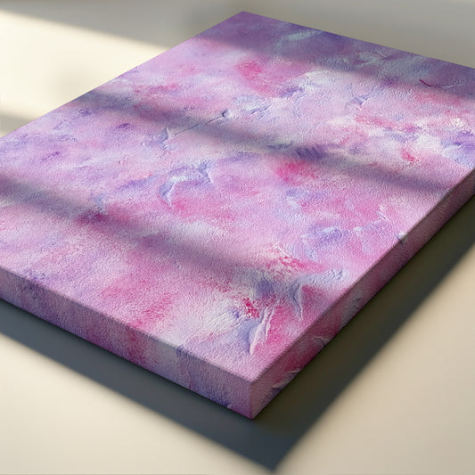 A square canvas print featuring an abstract watercolor-like pattern in shades of pink, purple, and white, displayed at an angle on a light beige surface with soft window-light shadows.