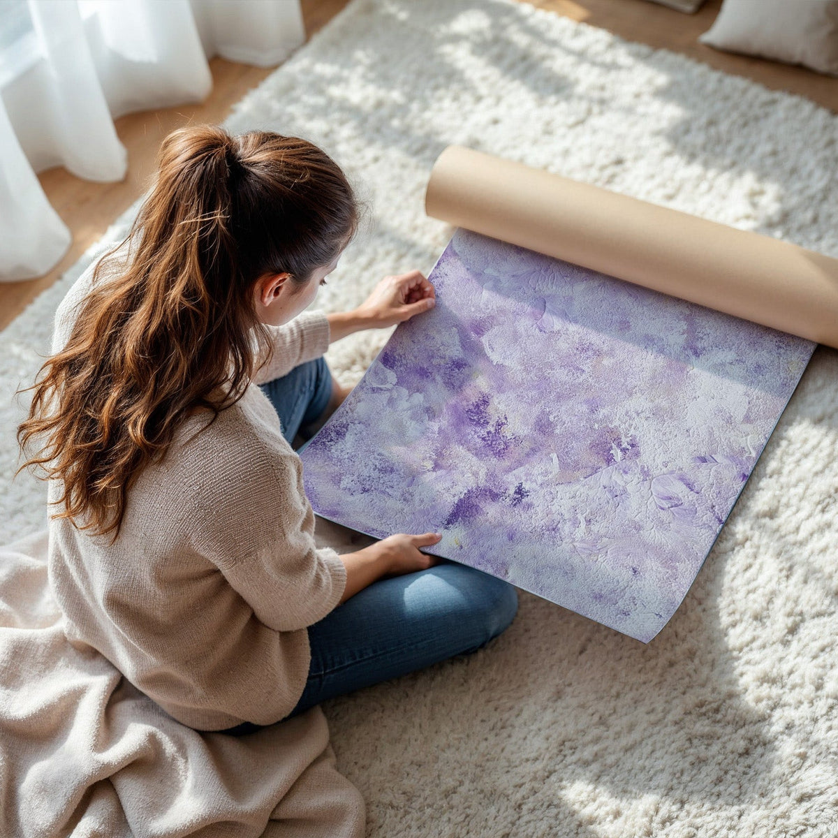 A woman sits on a white shag rug indoors, unrolling a large yoga mat with a soft purple and lavender watercolor pattern. The scene is lit by natural sunlight, with curtains and pillows visible in the background.