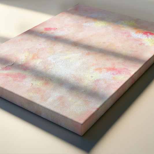 A square canvas print with an abstract pastel design featuring pink, white, and soft yellow tones, styled with diagonal window-light shadows across its surface.