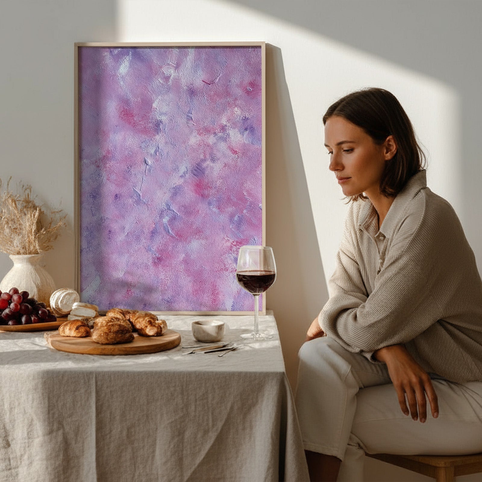 A woman in a beige outfit sits beside a table with a tablecloth, grapes, pastries, and a glass of red wine, with a large framed abstract purple painting leaning against the wall behind her.