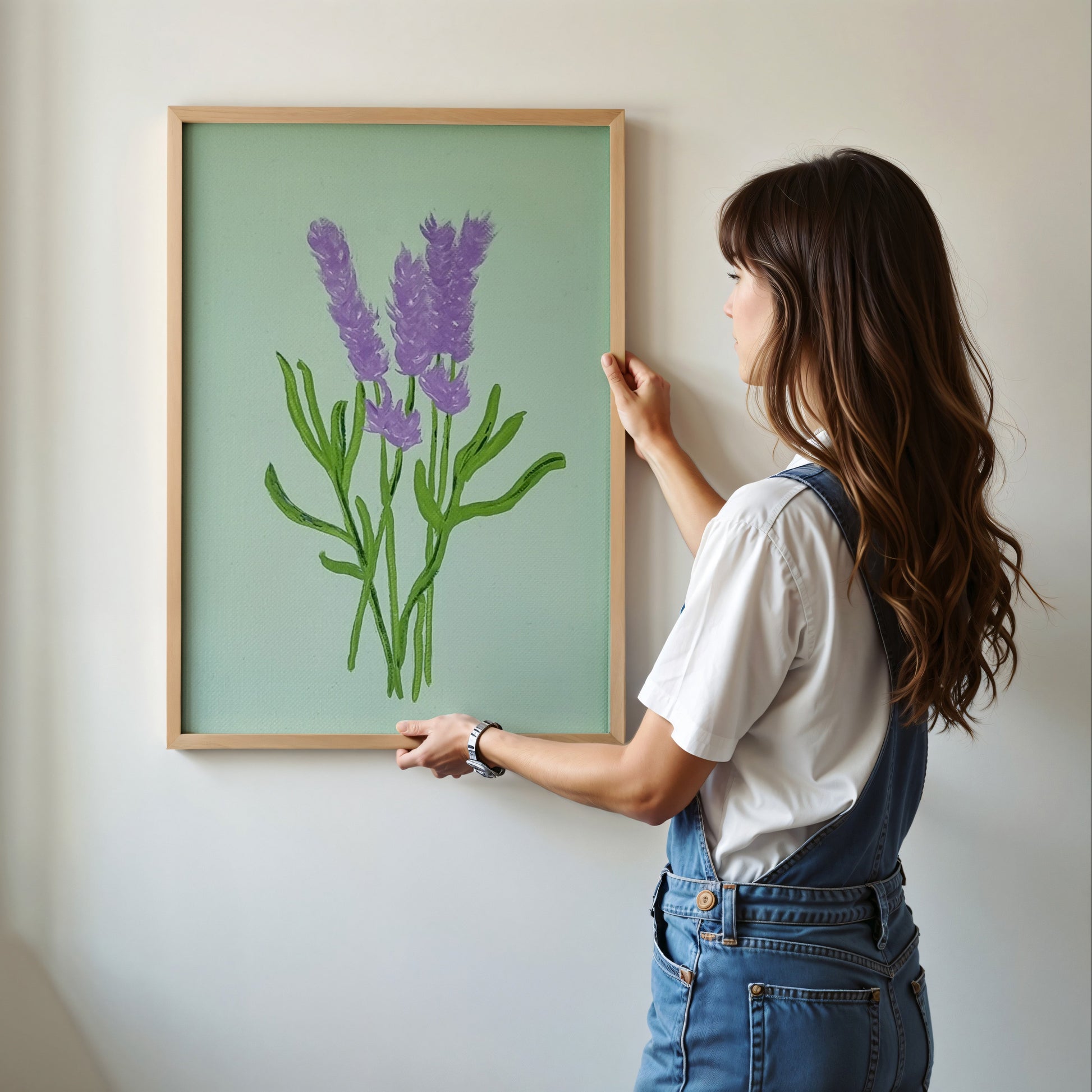 A woman in a white t-shirt and blue denim overalls is shown from the side, holding a light wood framed art print of lavender flowers against a pale mint green background, mounted on a white wall.