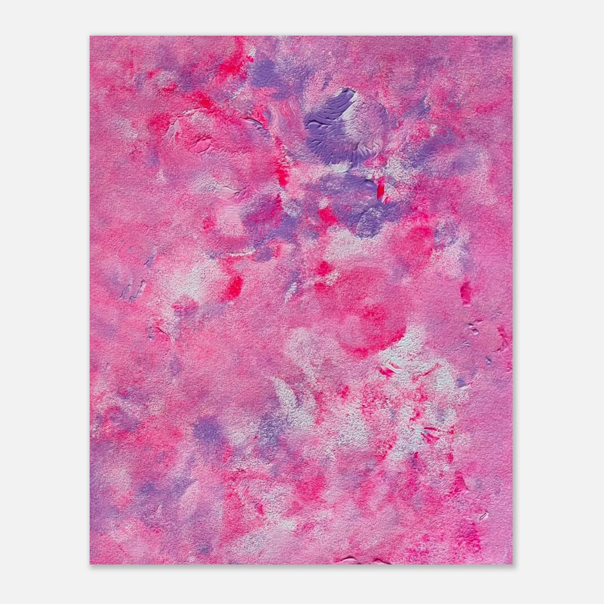 Pink, purple and white abstract art poster hanging vertically on a white background