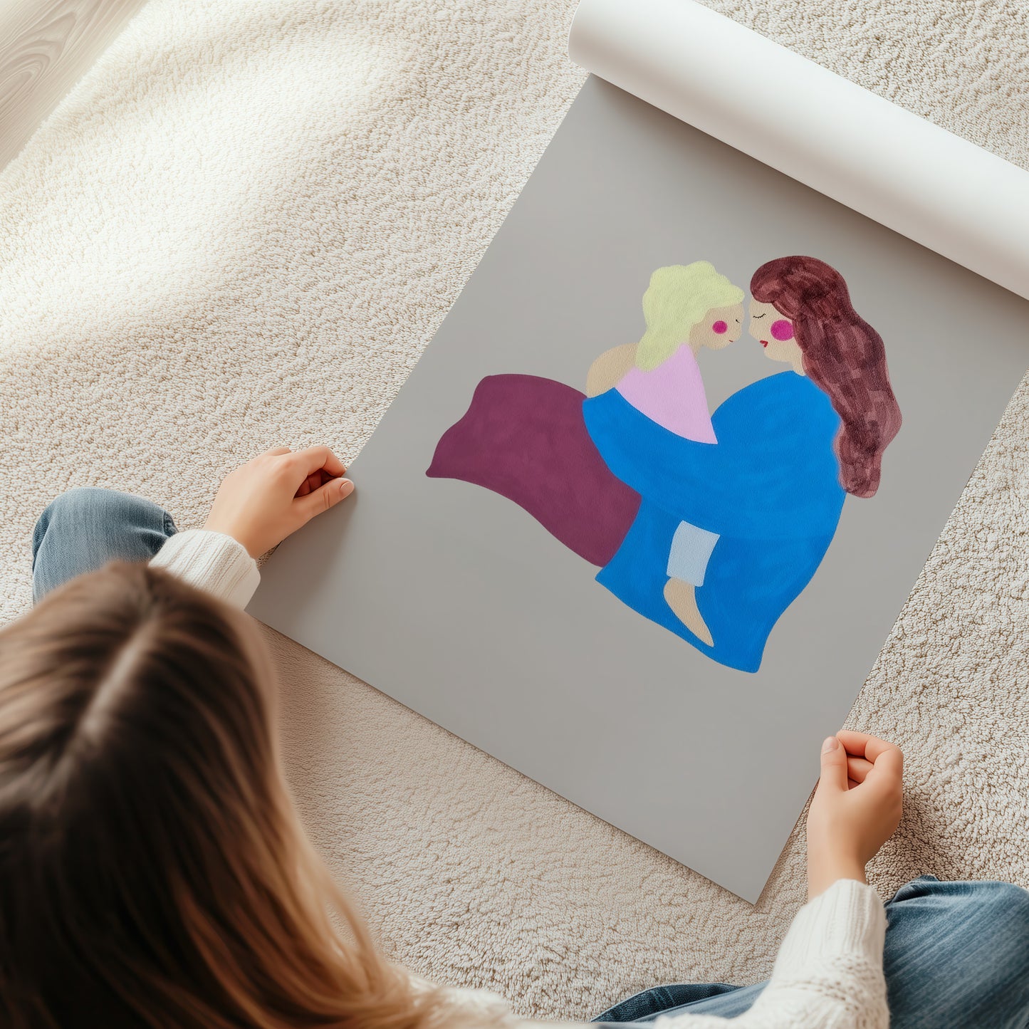 A person sitting on a carpeted floor holds open a large gray poster or art print showing a colorful illustration of two embracing figures. The scene is photographed from above, with sunlight casting shadows across the carpet.