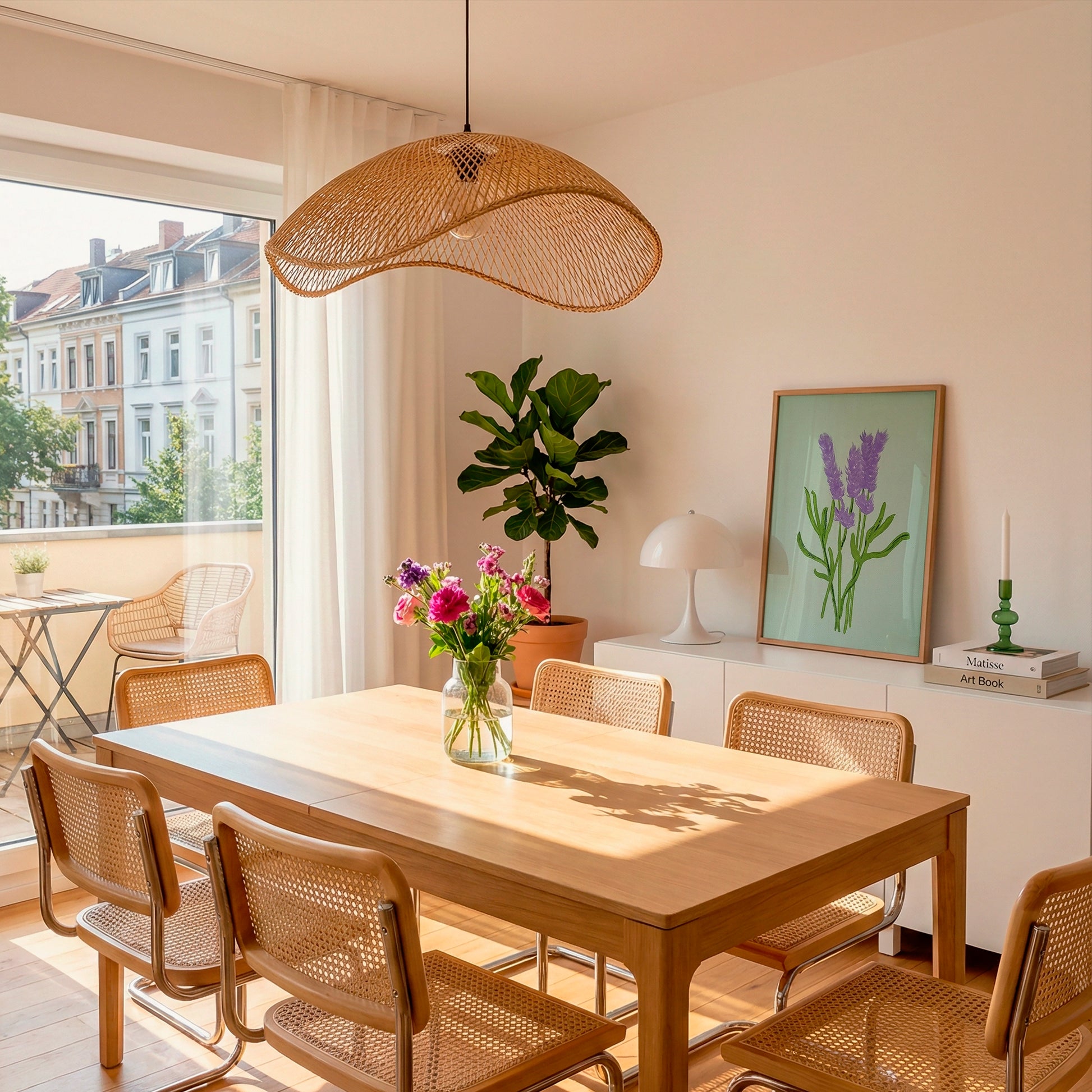 A warm, modern dining room featuring a light wood rectangular table and six woven cane chairs under a large wavy wicker pendant light. A glass vase with pink flowers sits on the table, and a white sideboard with a framed purple floral print and a lamp is visible in the background.