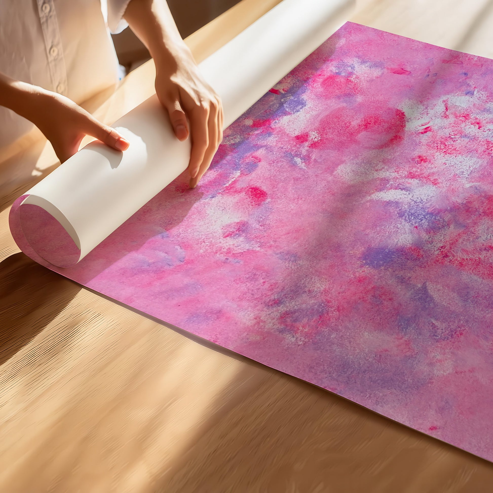 A person unrolls a large sheet of pink and purple abstract-patterned contact paper or vinyl flooring on a wooden floor.