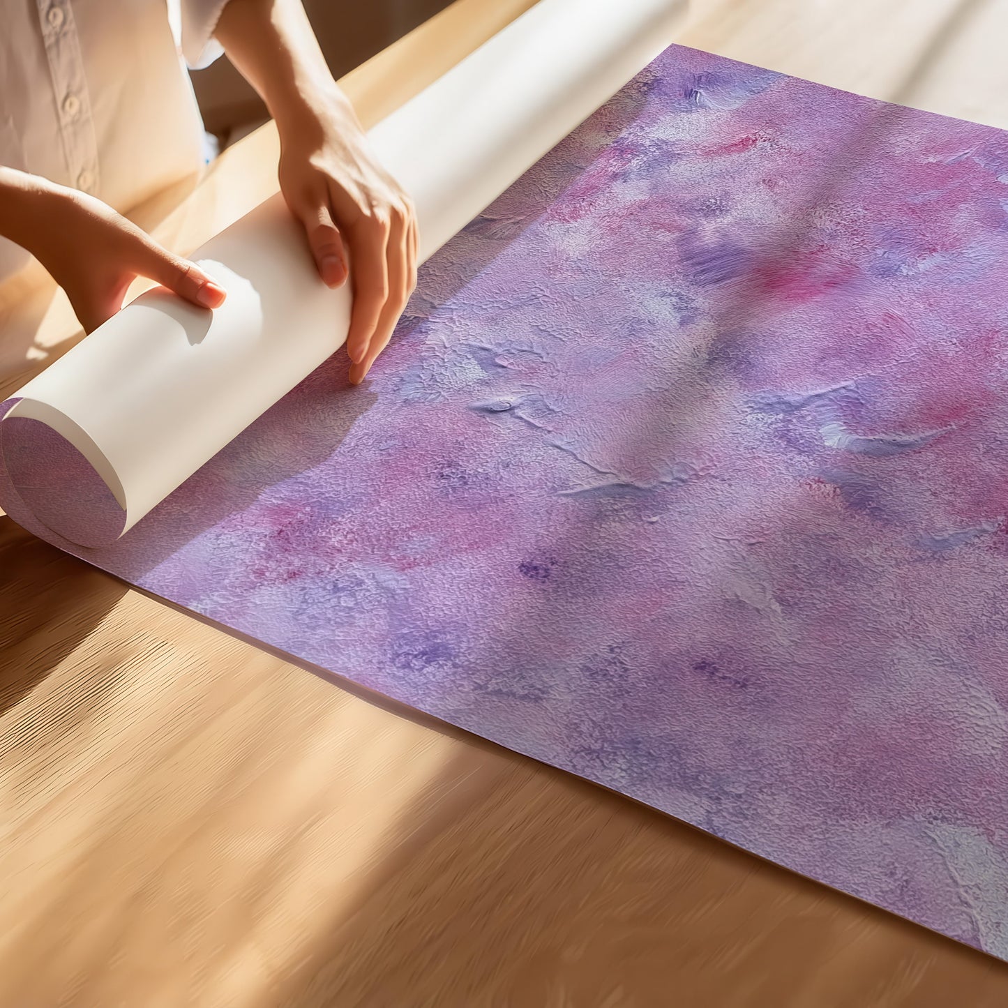 A person unrolls a large yoga mat with a purple and pink watercolor pattern on a light wooden floor.