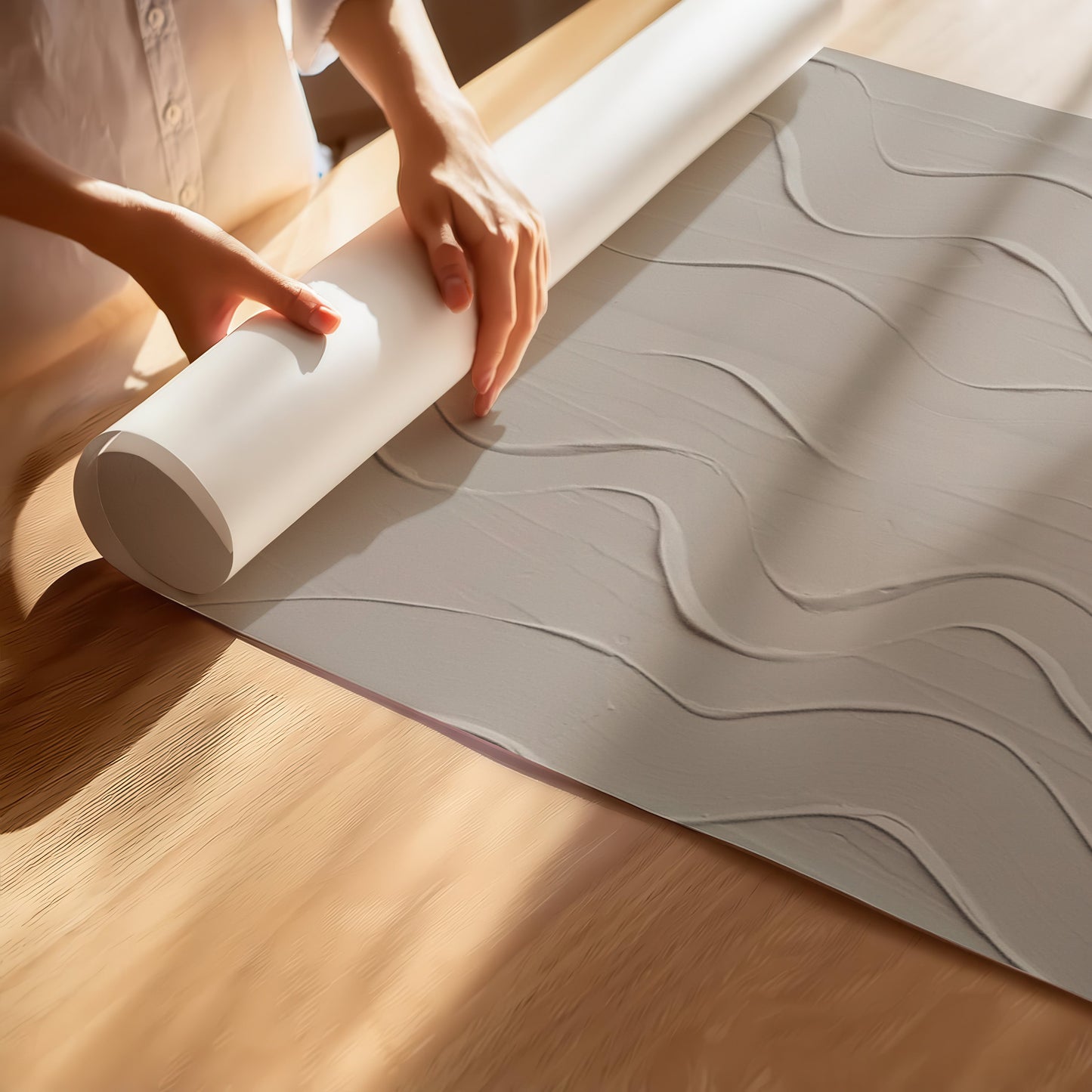 A person's hands are shown unrolling a large, light gray textured mat or floor mat with a wavy, embossed pattern onto a wooden floor.
