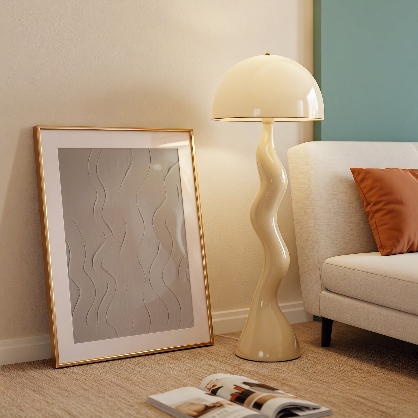 A cream-colored floor lamp with a wavy, sculptural base stands next to a white armchair with a rust-colored pillow in a modern living room setting. A gold-framed abstract art print leans against the wall on the left.