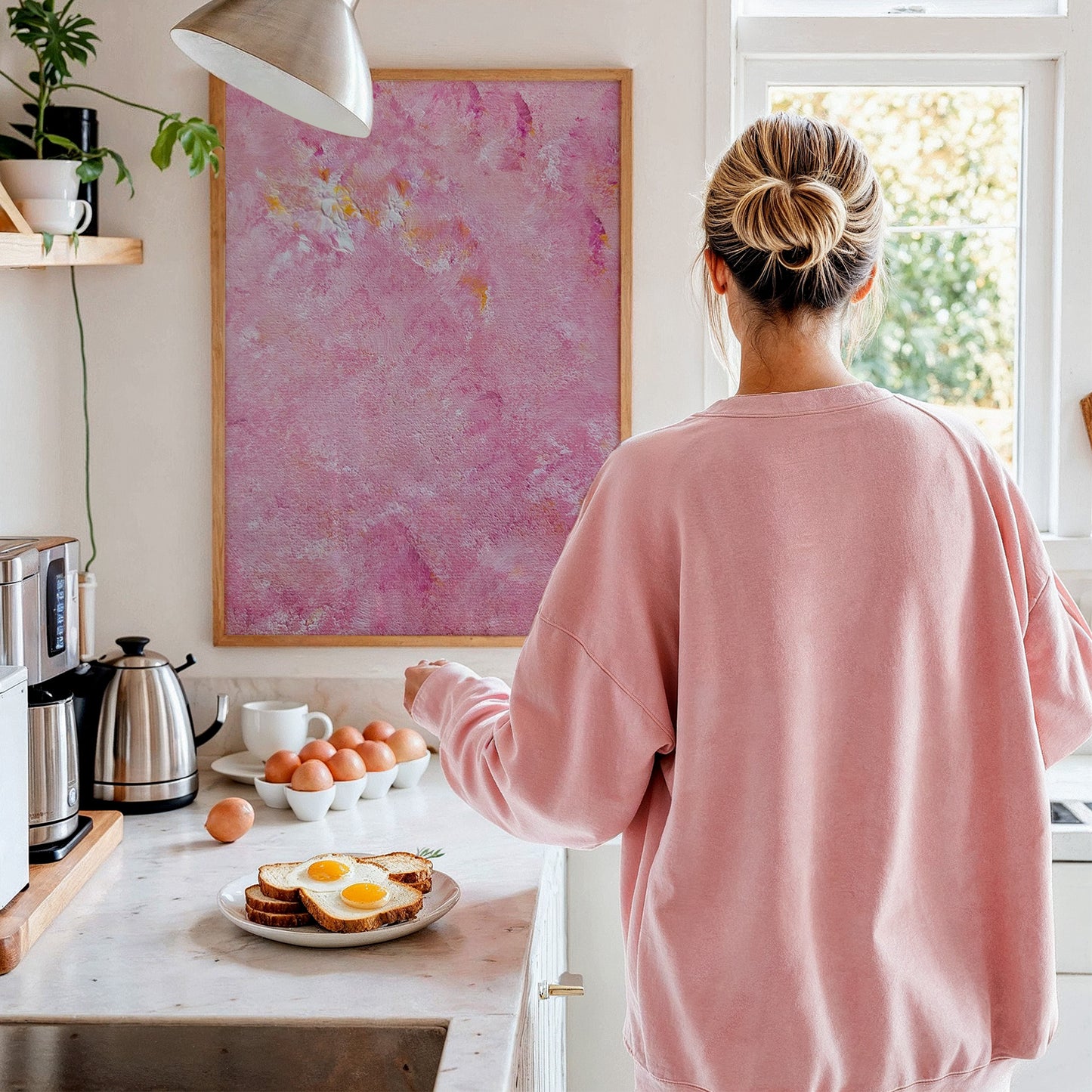 Person in a pink sweatshirt standing in a kitchen with a pink abstract painting on the wall.