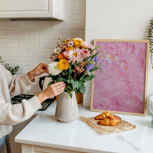 Person arranging flowers in a kitchen with a pink abstract painting on the wall.