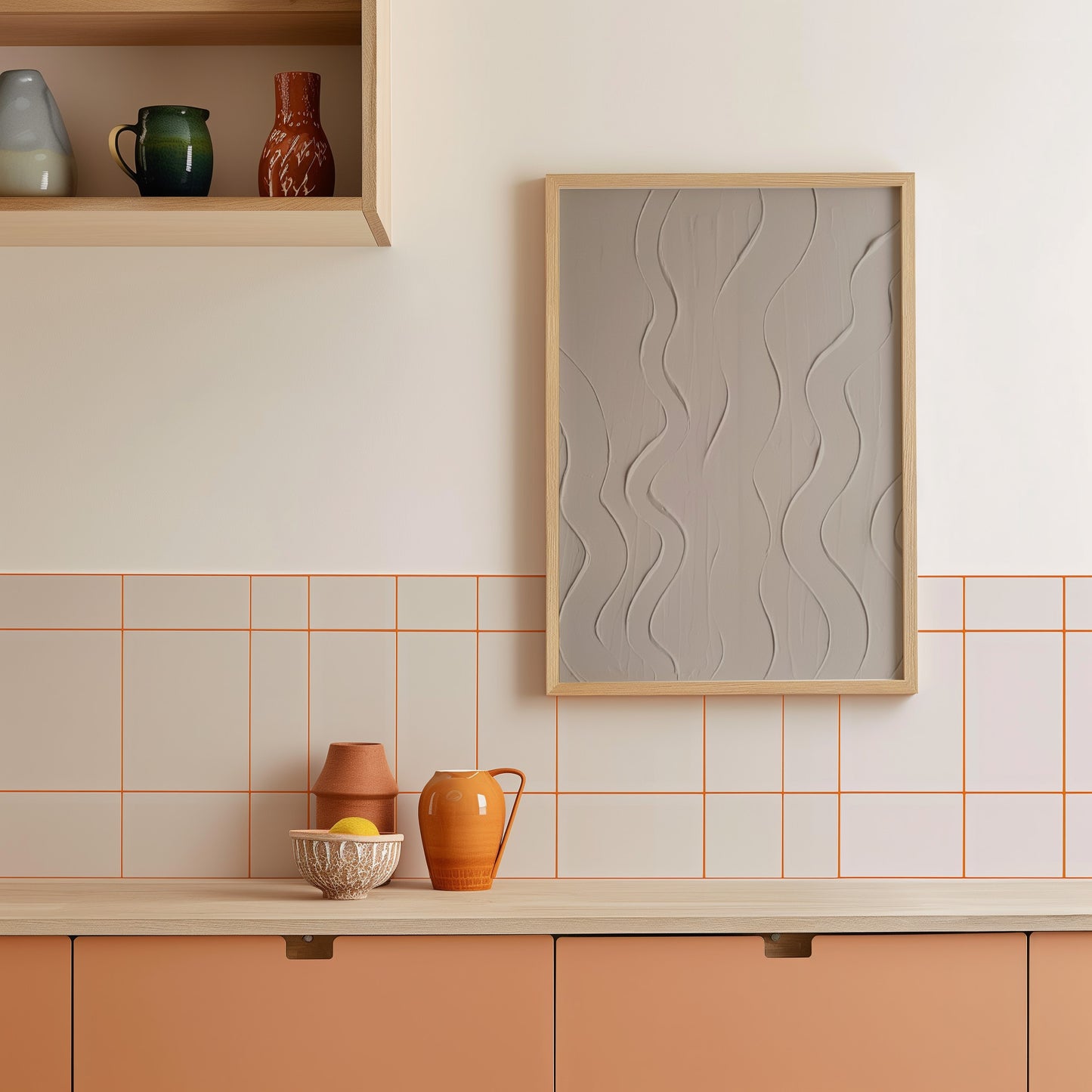 A framed wall art print with a light wood frame hangs on an off-white wall above a peach countertop with orange grid tiles. The artwork features a textured, embossed wavy pattern in a warm gray color.