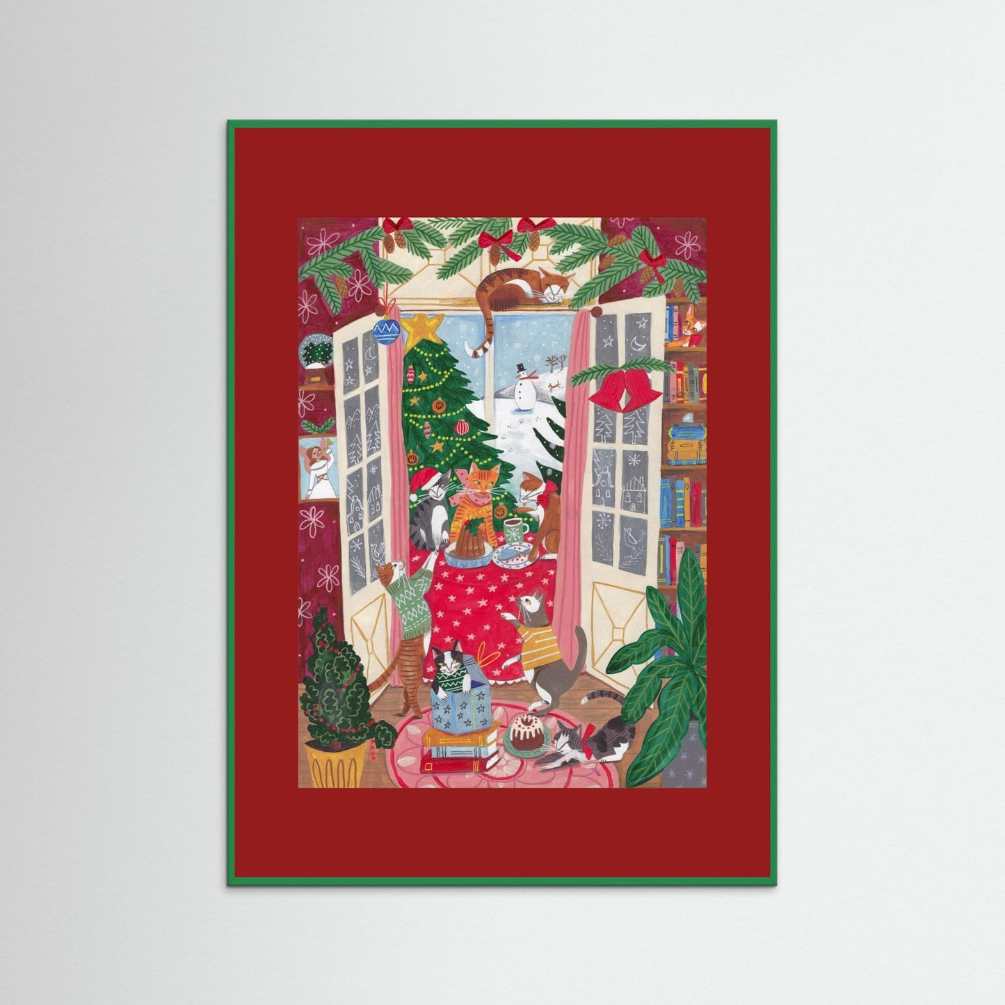 Cats in the Window at a Snowy Christmas in Bright Colours by Caroline Bonne Müller