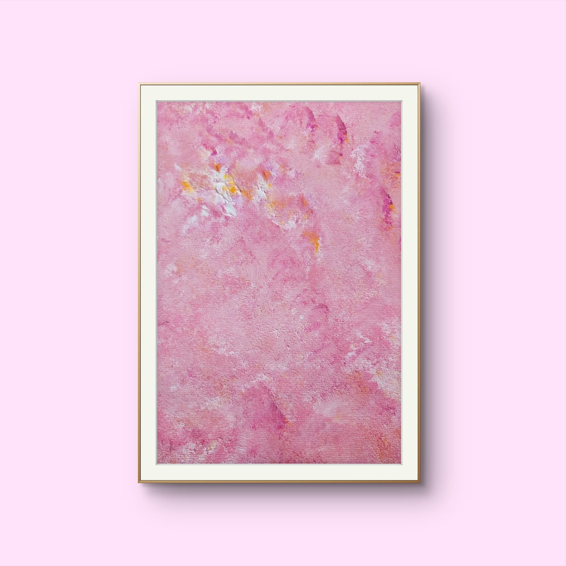 Bright pink and yellow Feel good one of one-of-a-kind colorful art poster based on original abstract art created by up-and-coming artist Scandinavian Jeanette Haga as decor for modern home on a pink wall

