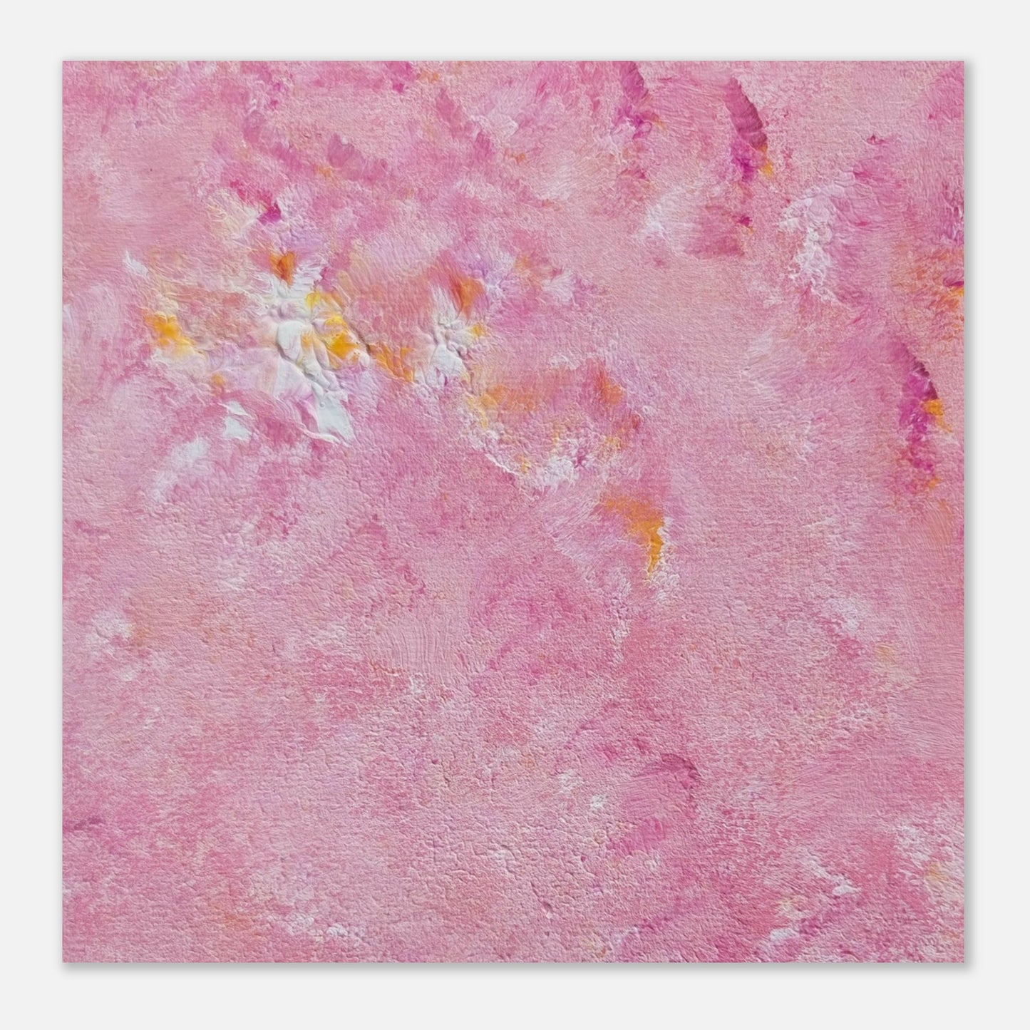 Bright pink and yellow Feel good one of one-of-a-kind colorful art poster based on original abstract art created by up-and-coming artist Scandinavian Jeanette Haga as decor for modern home on a white wall
