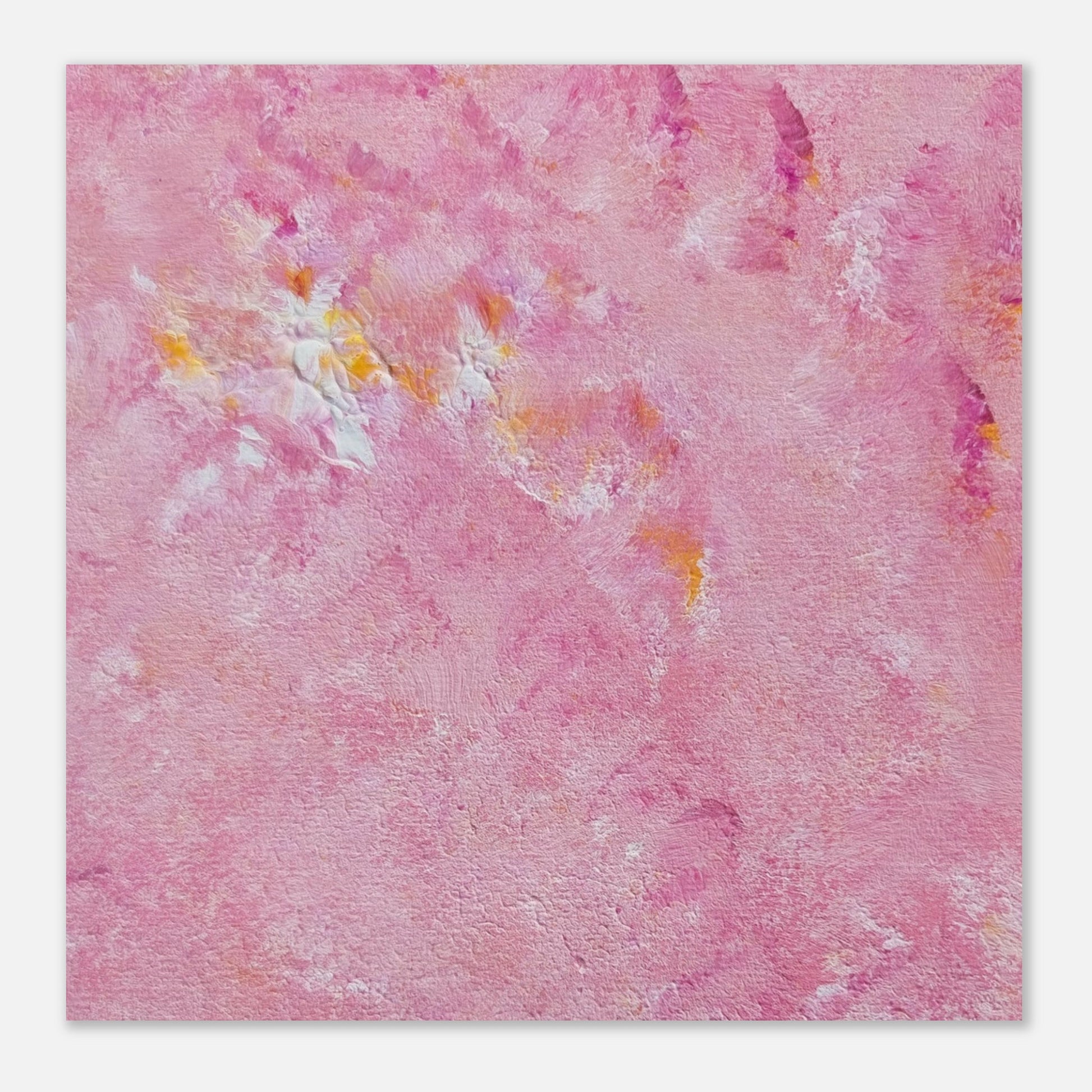 Bright pink and yellow Feel good one of one-of-a-kind colorful art poster based on original abstract art created by up-and-coming artist Scandinavian Jeanette Haga as decor for modern home on a white wall
